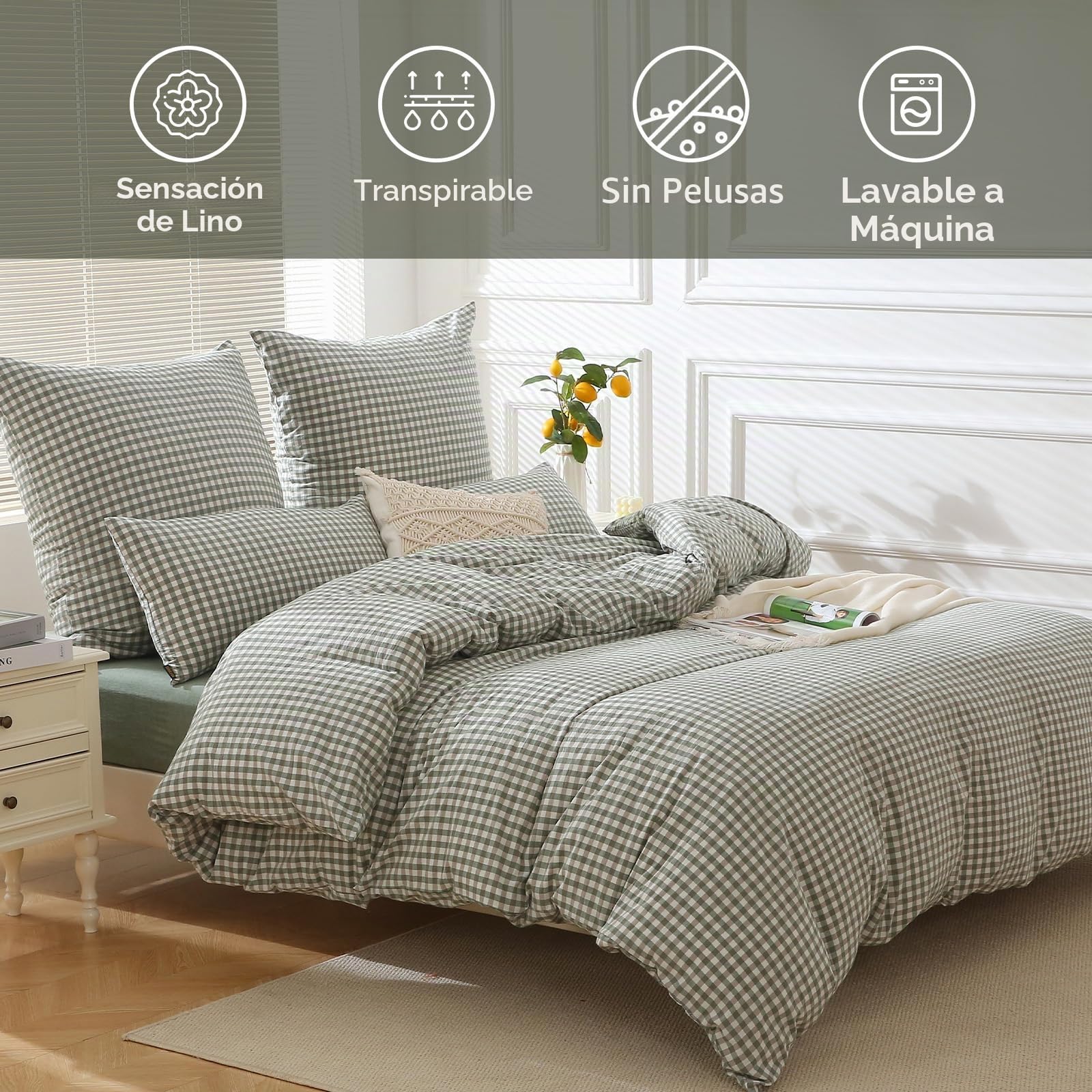 SOULFUL - Funda de edredón de 240 x 260 cm, algodón con 2 fundas de almohada de 65 x 65 cm, 100% algodón lavado, certificado Öeko-Tex, verde juego de cama de 2 personas, 240 x 260 adultos algodón con