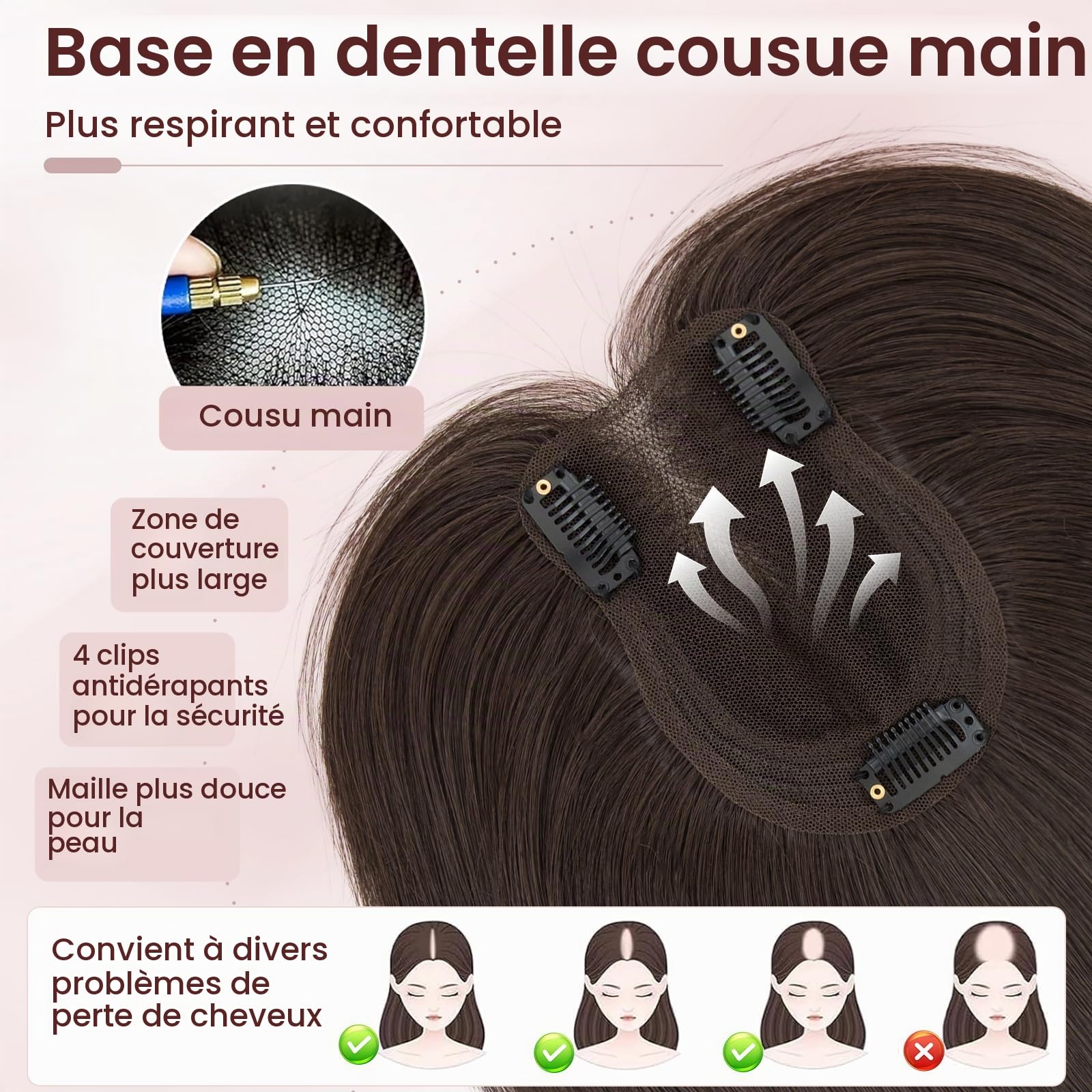 MY-LADY Topper Cheveux Humain Femme Sans Frange Volumateur Capillaire Naturel Léger Forme le Visage Pour Femme Fille(35g, #02 Marron Foncé)
