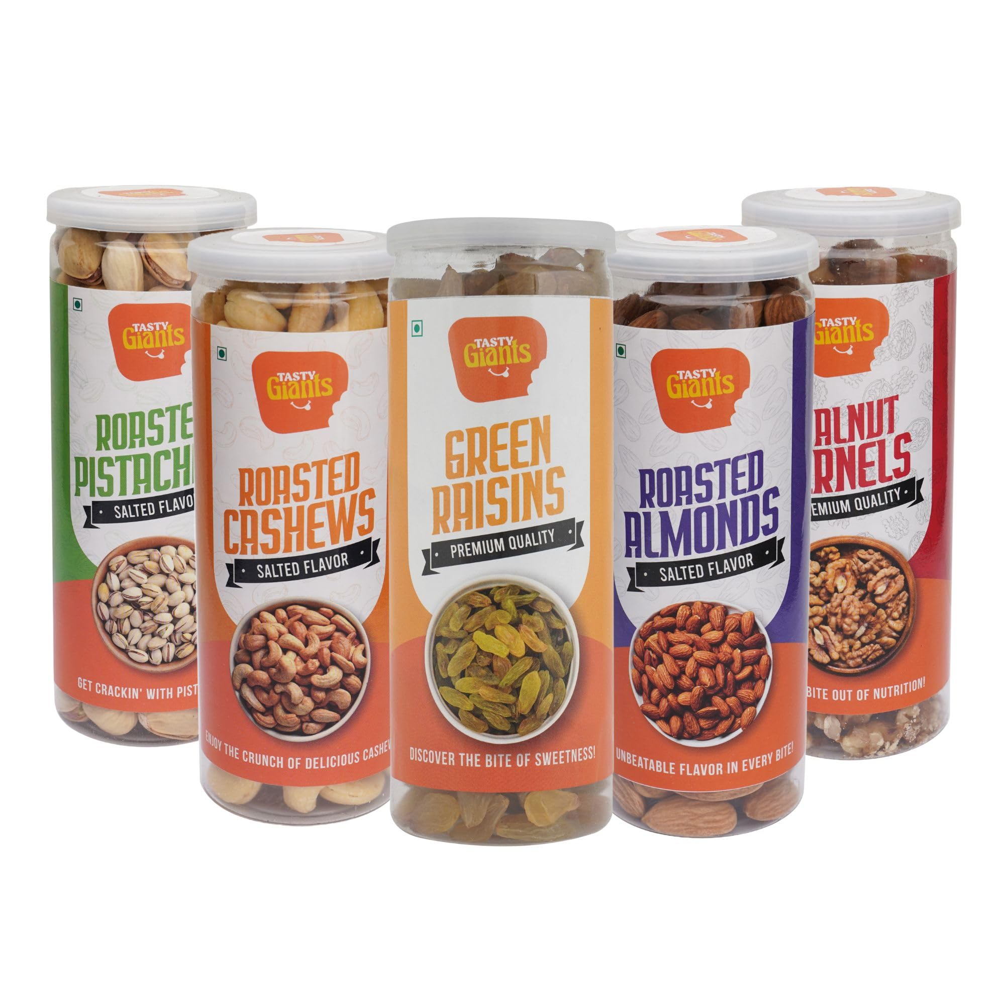 Tasty Giants Roasted Cashews, Almonds, Pistachios, Walnut Kernels & Green Raisins 800g| Dry Fruits Combo Pack of 5 | Mixed Dry Fruits | Diet Snacks | Kaju Badam Pista Akhrot Kismish | Nuts