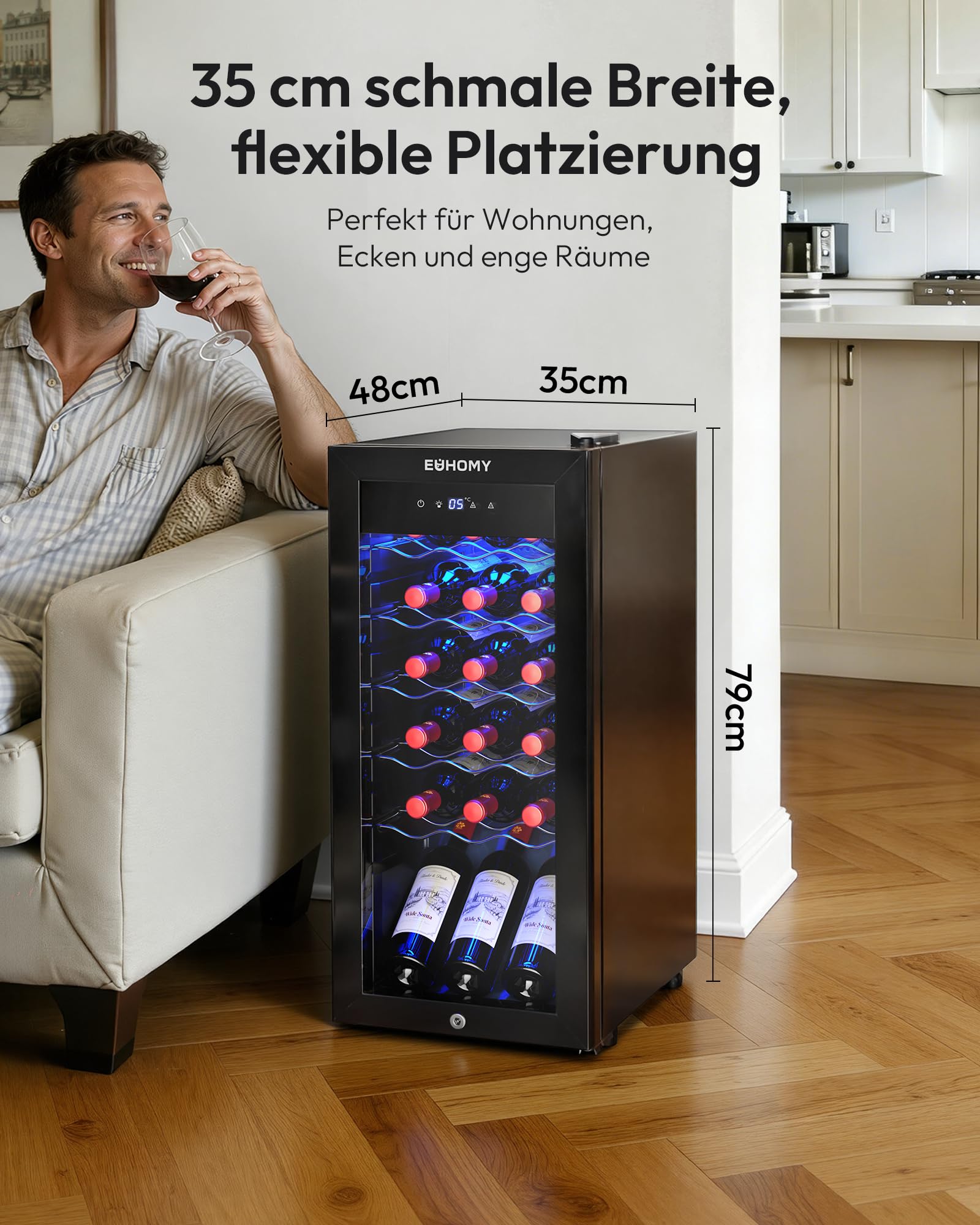 EUHOMY 45L Weinkühlschrank 18 Flaschen Freistehender Glastür Digitaler Temperaturregelung Schloss
