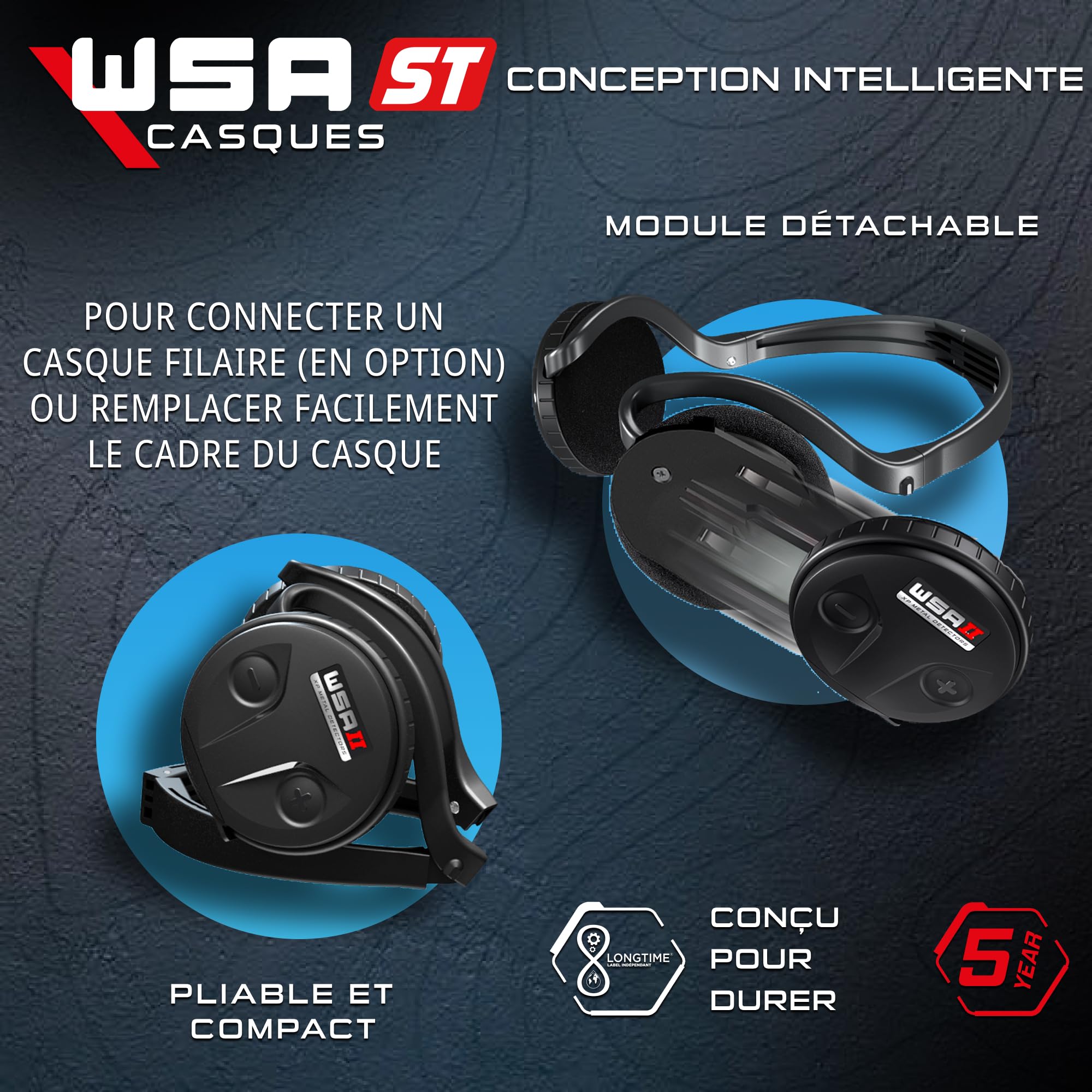 XP Metal Detectors WSA ST Casque stéréo sans fil ultra-rapide compatible avec le Deus II RC et le WS6 ST Master, pliable, design compact et intelligent, léger et entièrement étanche à la pluie (WSAST)