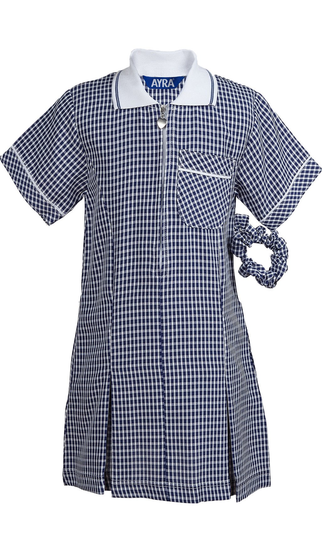 Ayra - Girl's School Uniform Pleated Gingham Summer Dress with Hair Bobble (Scrunchie) (Navy, Age 5)
