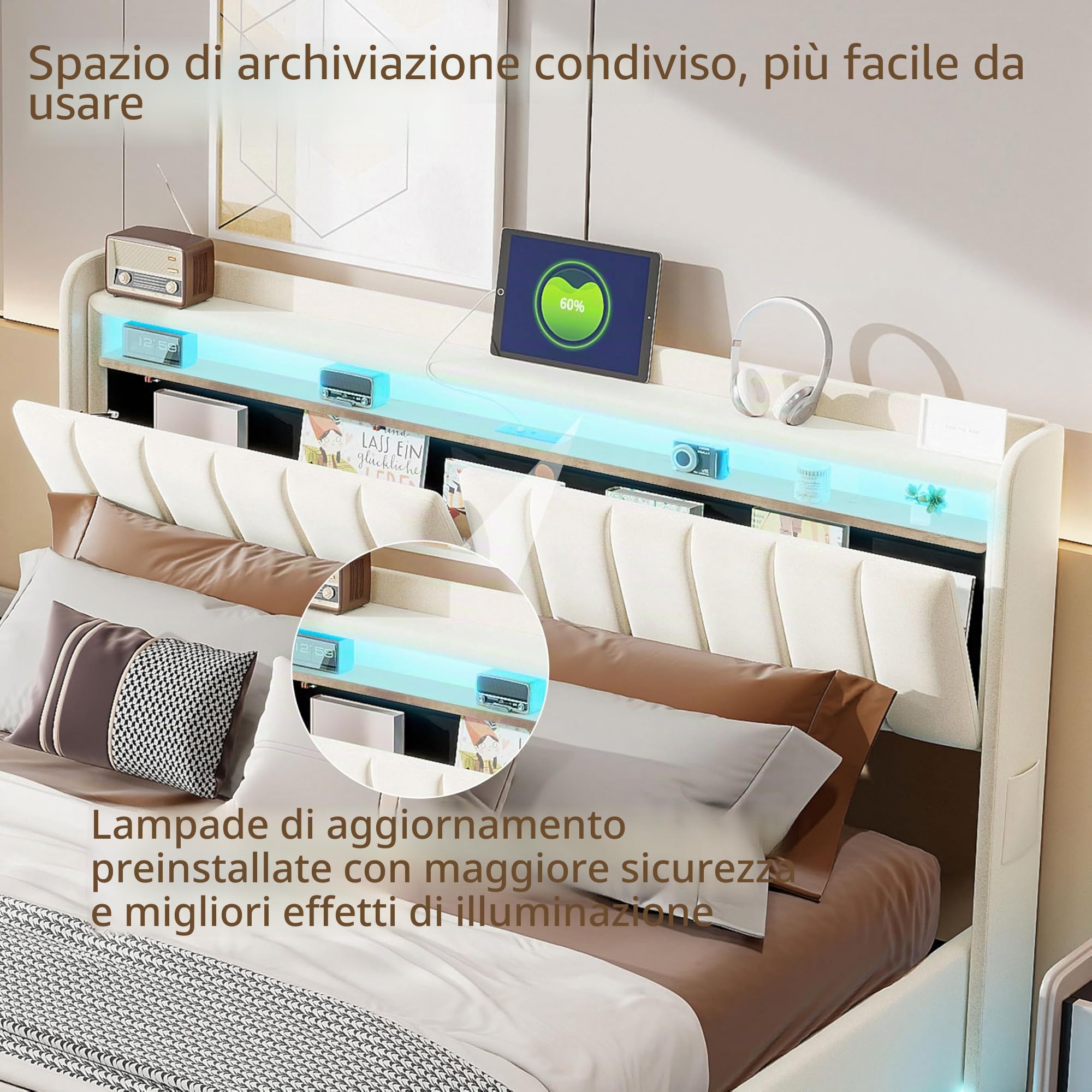 Letto Matrimoniale con Contenitore 160x200 cm, Letto Imbottito con illuminazione a LED e USB, letto matrimoniale imbottito,Letto Baule Testiera con Funzione di Stoccaggio, Velluto Beige