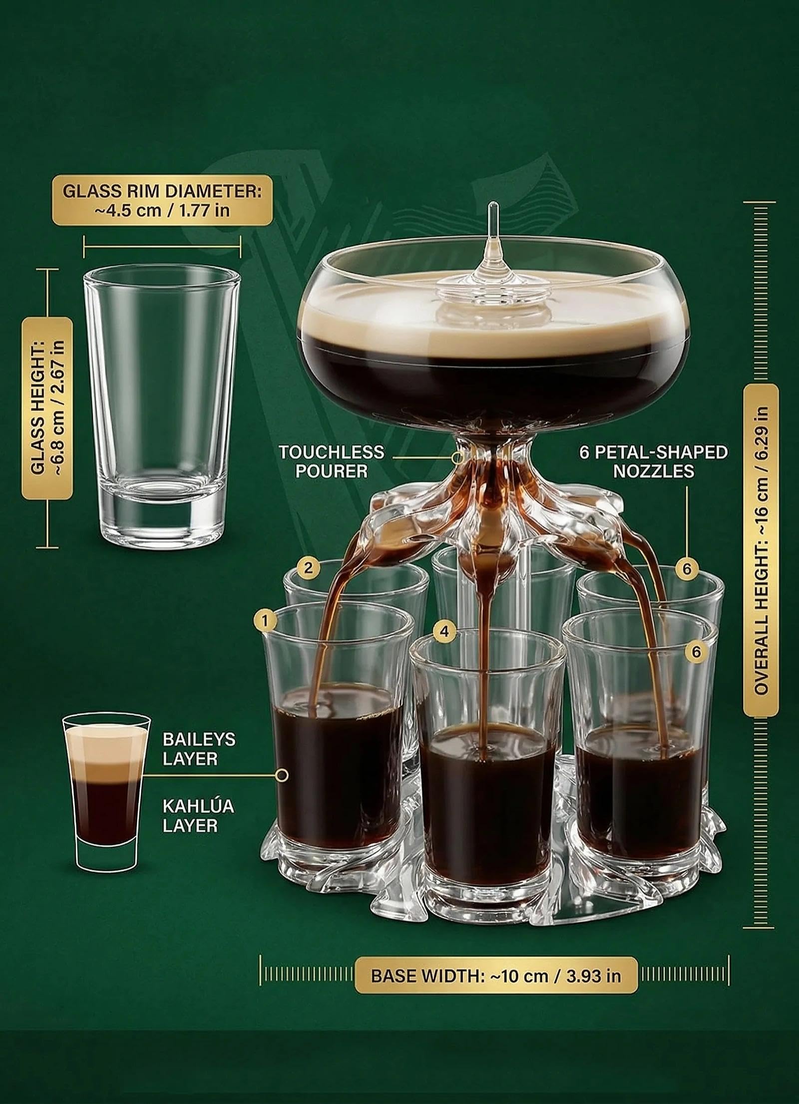 Baby Guinness zestaw kieliszków do shotów z 6 szklankami, dozownik i uchwyt, akrylowy bezdotykowy nalewak do napojów imprezowych, domowego baru i prezentów