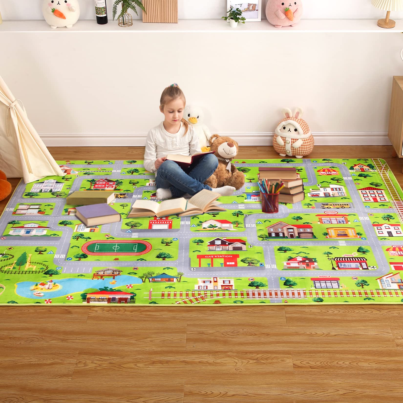 LuxFocus Playroom Carpet, Thickened Non-Slip Children's Rug Super Safe and Soft Children's Rug Road Traffic System Airplane Road Children's Room Carpet Gray 100x160cm