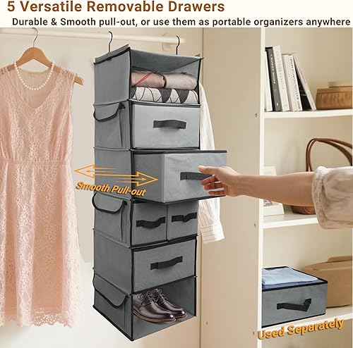 Miniatura 5 de Estantes colgantes de 6 niveles con 5 cajones y 3 bolsillos laterales, soporte organizador de armario colgante de tela duradera con gancho