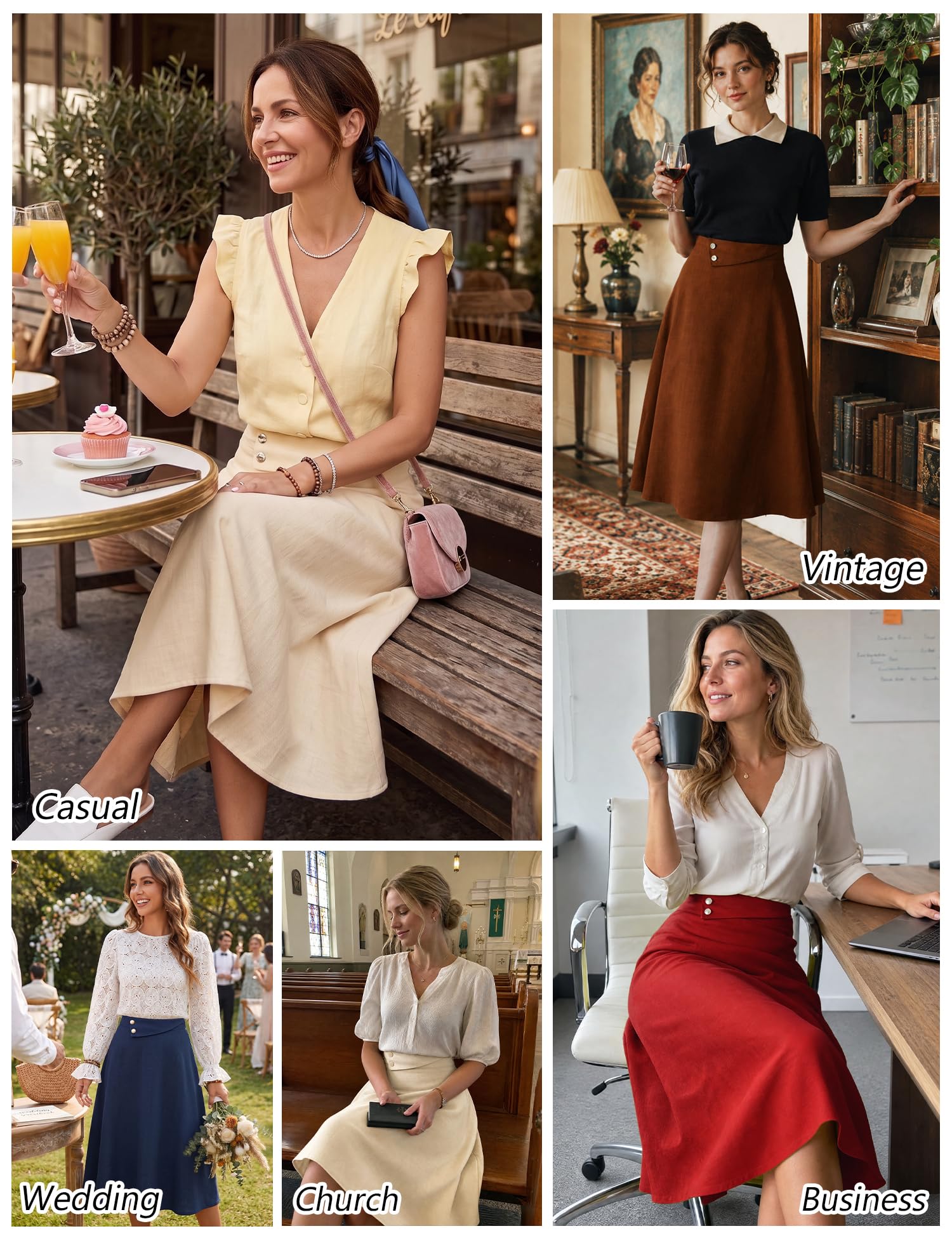 Dressystar Gonna longuette da donna a vita alta con tasche, linea ad A, con elastico in vita, per lavoro e ufficio