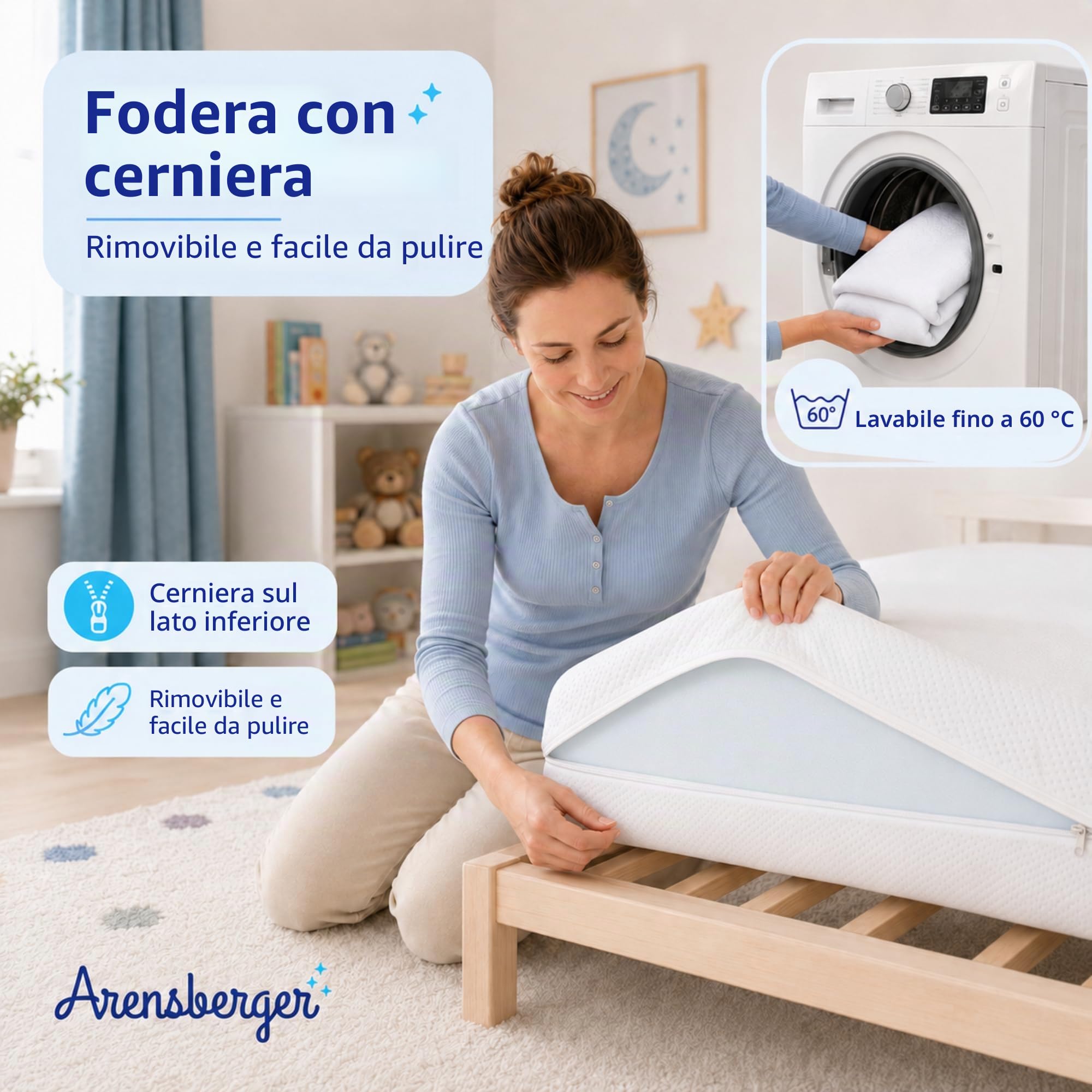 Arensberger Materasso per bambini Nora | 80 x 160 cm altezza 12 cm | Rivestimento lavabile e rimovibile | Schiuma gel elastica | Materasso per ragazzi anallergico, rivestimento premium