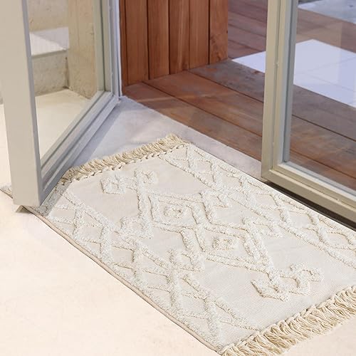 Miniatura 5 de joycloth Alfombra bohemia de 2 x 4.3 pies con borlas, alfombra tejida de algodón lavable para entrada, lavandería, pasillo, puerta, porche, beige