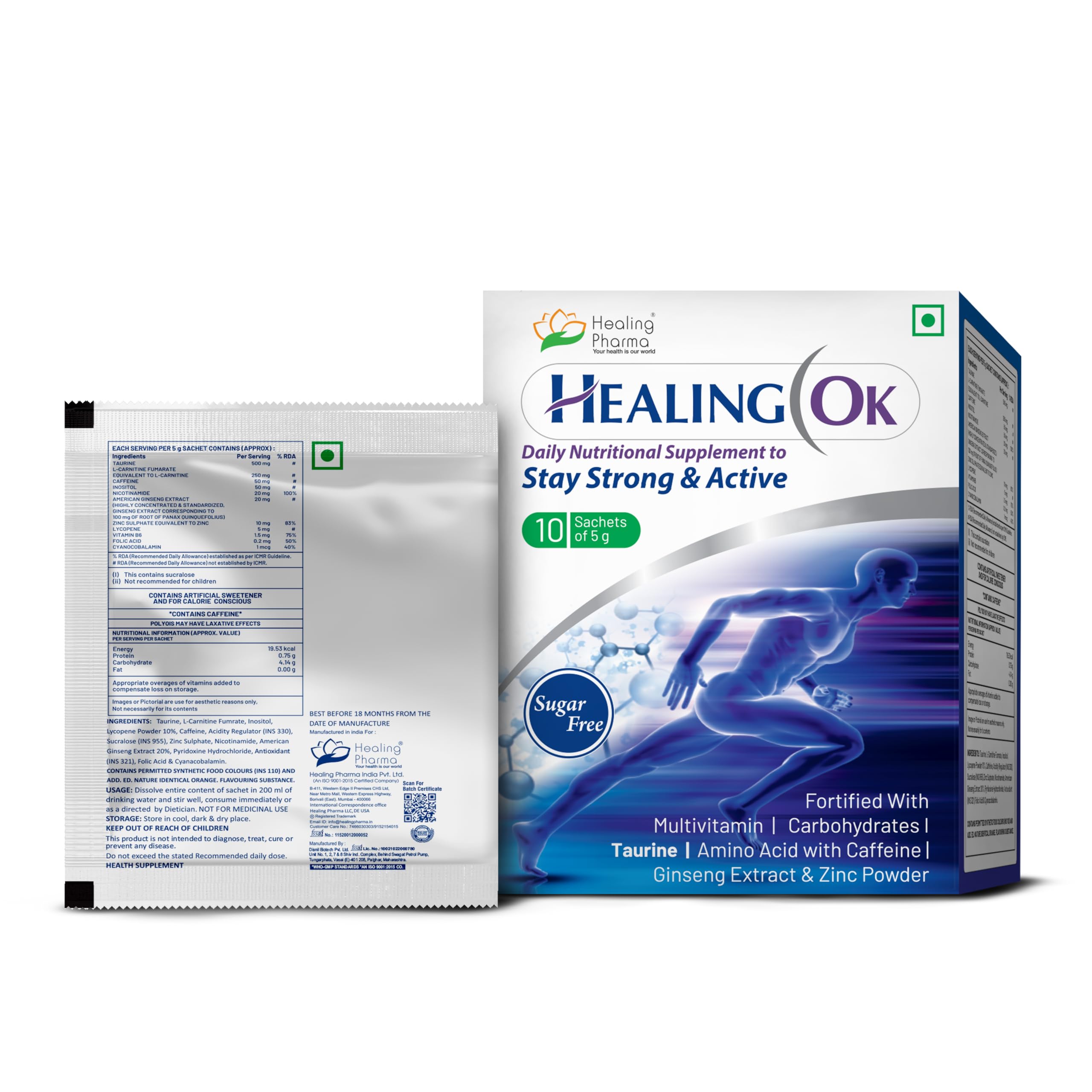 Healing Pharma - Healing OK Taurine, Ginseng, Zinc, Caffeine & L-Carnitine Powder Sachets, Sugar Free | For Strong Immunity & Overall Health | 5g x Pack of 10 4