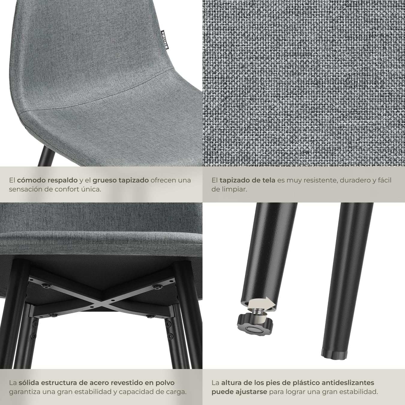 tectake® Taburete Alto con Respaldo, Acolchado, Reposapiés, Tejido Fácil De Cuidar, Patas De Acero, Pies Antideslizantes, Altura Ajustable, Silla Cocina o Bar, Banqueta - 2 sillas Gris Oscuro/Negro