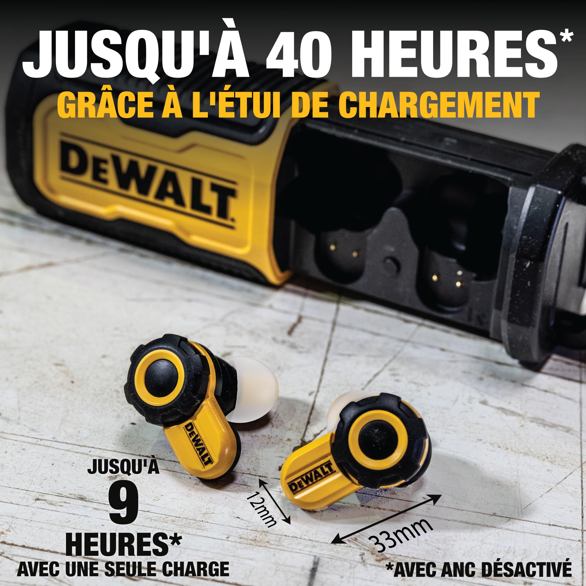 DEWALT Écouteurs sans Fil Bluetooth Robustes Jobsite Pro X2 ANC, réduction Active du Bruit, Commandes rotatives, autonomie de 10 h (Plus de 40 h avec étui), 4 Modes d'égalisation, IP54