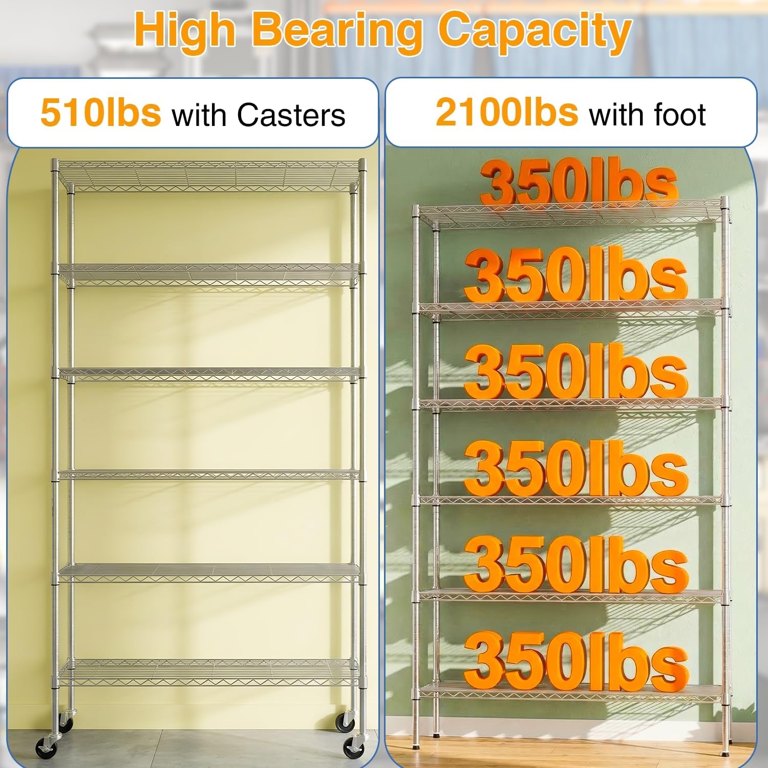 BestOffice | 6-Tier Wire Shelf with Wheels | 45"x18"x82" | Chrome | Adjustable Racks | Heavy-Duty Storage Shelves, Holds Upto 510 lbs | Rust-Resistant, No-Tool Assembly | for Home, Garage Shelving