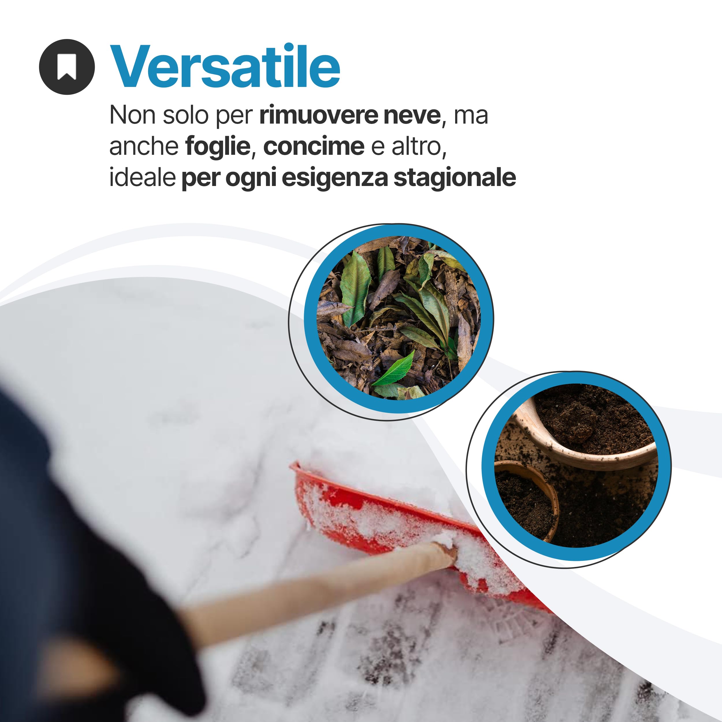 TOMAINO - Pala Da Neve Rossa Multifunzione 9x46x38 cm - Per Neve, Foglie e Altro In Plastica Con Profilo In Alluminio - Pala Singola o con Manico in Legno