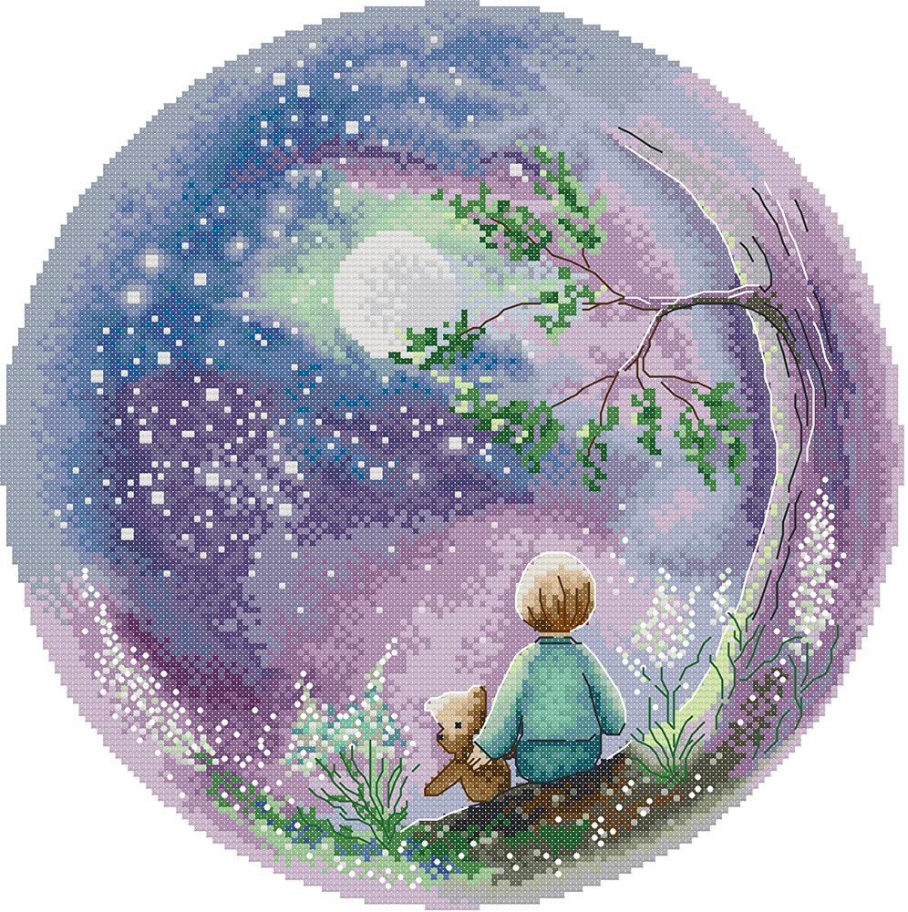 Awesocrafts Cross Stitch Kits, Looking up at the Moon Boy Easy Patterns Cross Stitching Embroidery Kit Supplies, Stamped (Stamped)
