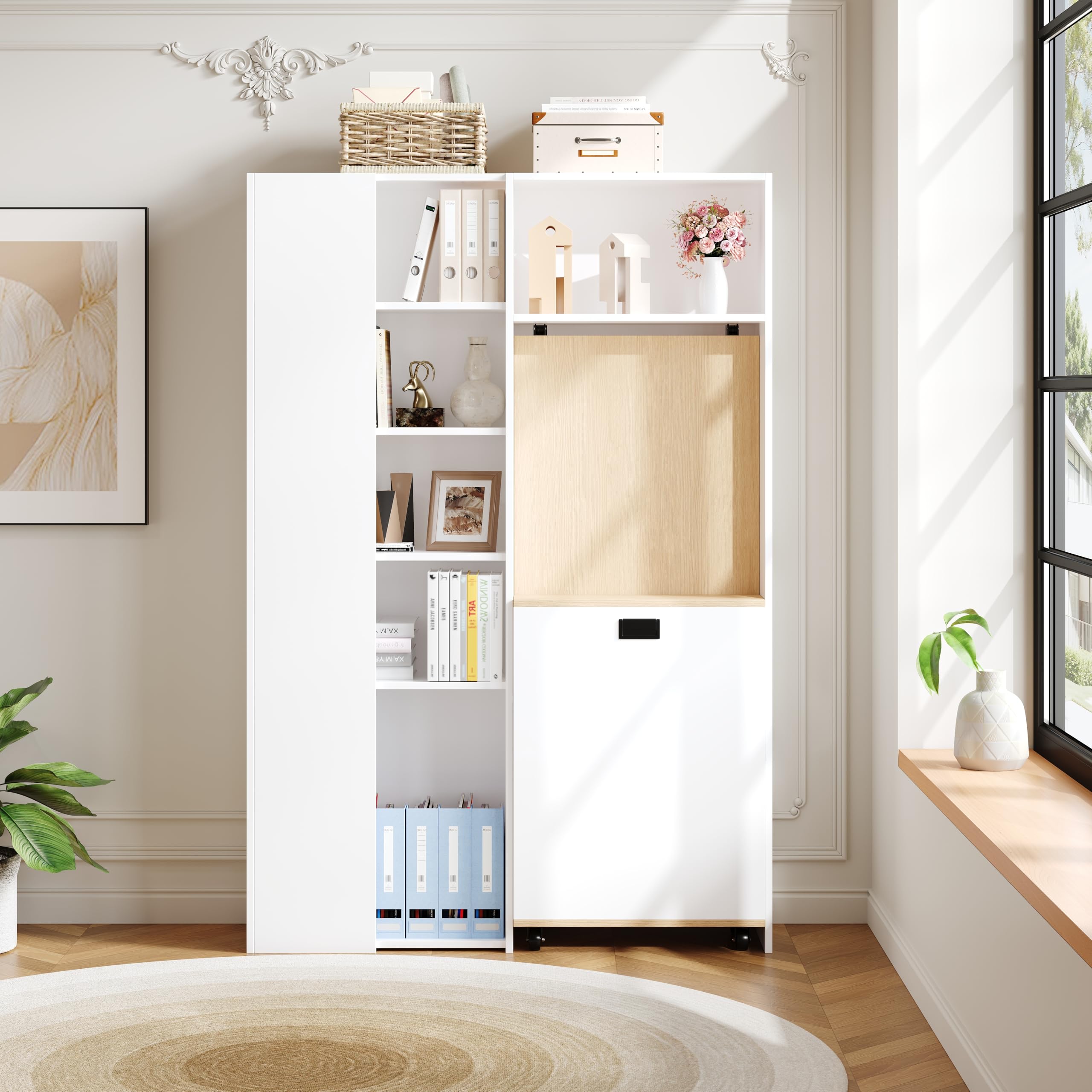 Klappbarer Schreibtisch mit Ablagen –2-in-1-Bücherregal und Schreibtisch, klappbar, mit Steckdose und USB-Anschluss, höhenverstellbare Ablagen, Kippschutz (Links)