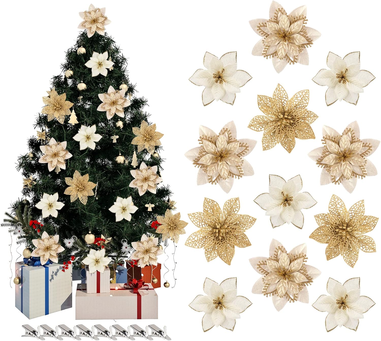 ABSOFINE 24PCS Glitter Artificial Christmas Flowers