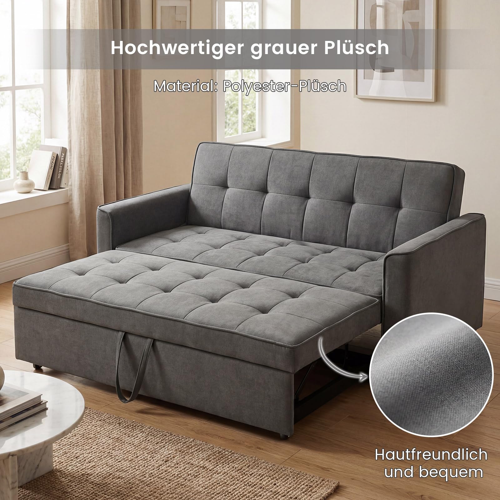 Guyii Schlafsofa 3-Sitzer Grau, Ausziehbares Sofa mit Schlaffunktion und Bettfunktion, Gepolstertes Bettsofa mit Armlehnen, Schlafcouch für Wohnzimmer, Gästezimmer, Kleine Räume