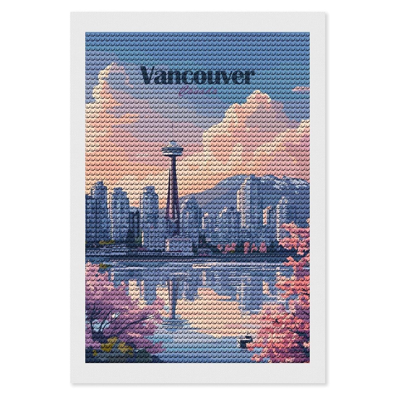 Junmoney Vancouver Canada Cityscape Illustration Diamond Art Kit 8"x12", Creative Leisure Activity, Complete Accessories, Vintage Style Decor, for Women