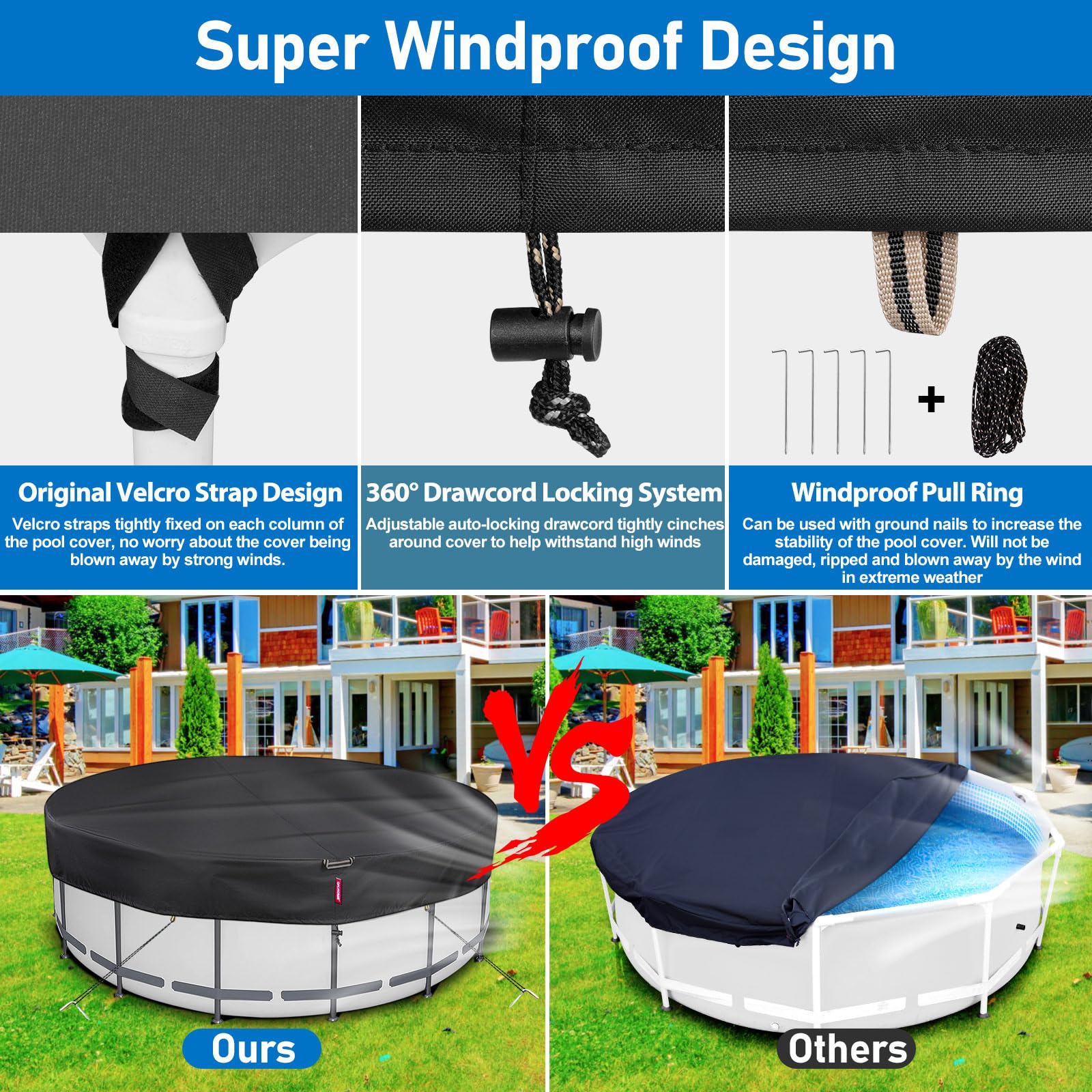 QH.HOME 15 Ft Round Pool Cover 600D Strong Tear Resistant - Solar Covers for Above Ground Pools Fade Resistant, Inground Swimming Pool Cover, Hot Tub Cover with Windproof Velcro, Drawstring(Black)