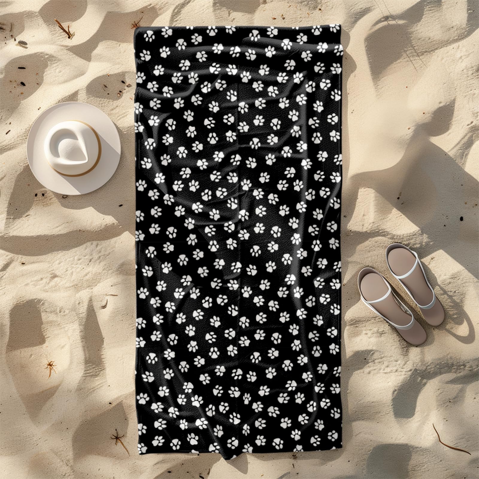 Microfibre Beach Towel 180x90cm Footprints Black Extra Large Beach Towels Sandproof Quick Dry Foldable Storage for Travel Beach Pool Camping Bathing