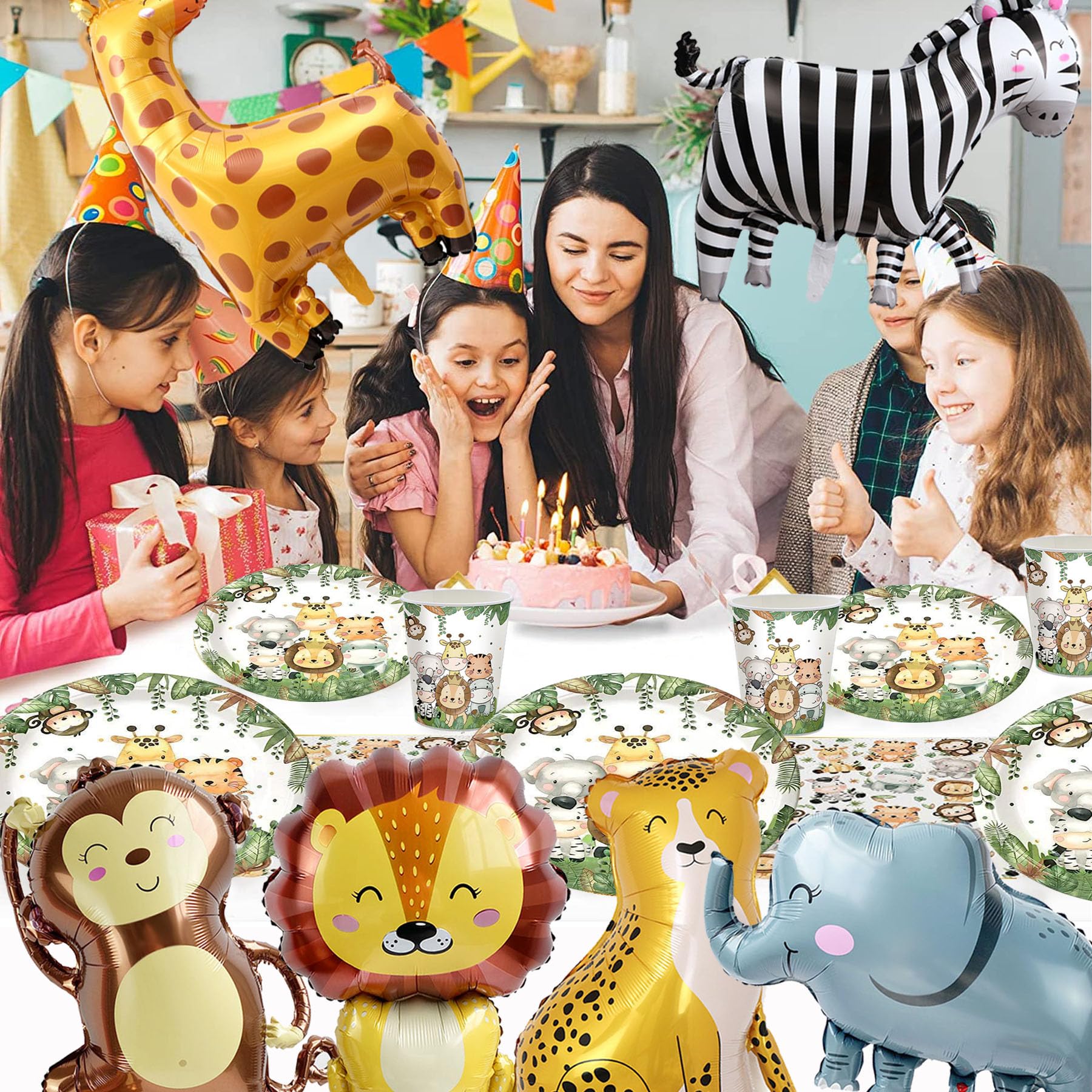 Set Decorazione Compleanno Safari Giungla - Piatti, Bicchieri, Tovaglioli E Palloncini Per 20 Ospiti - Tema Animali