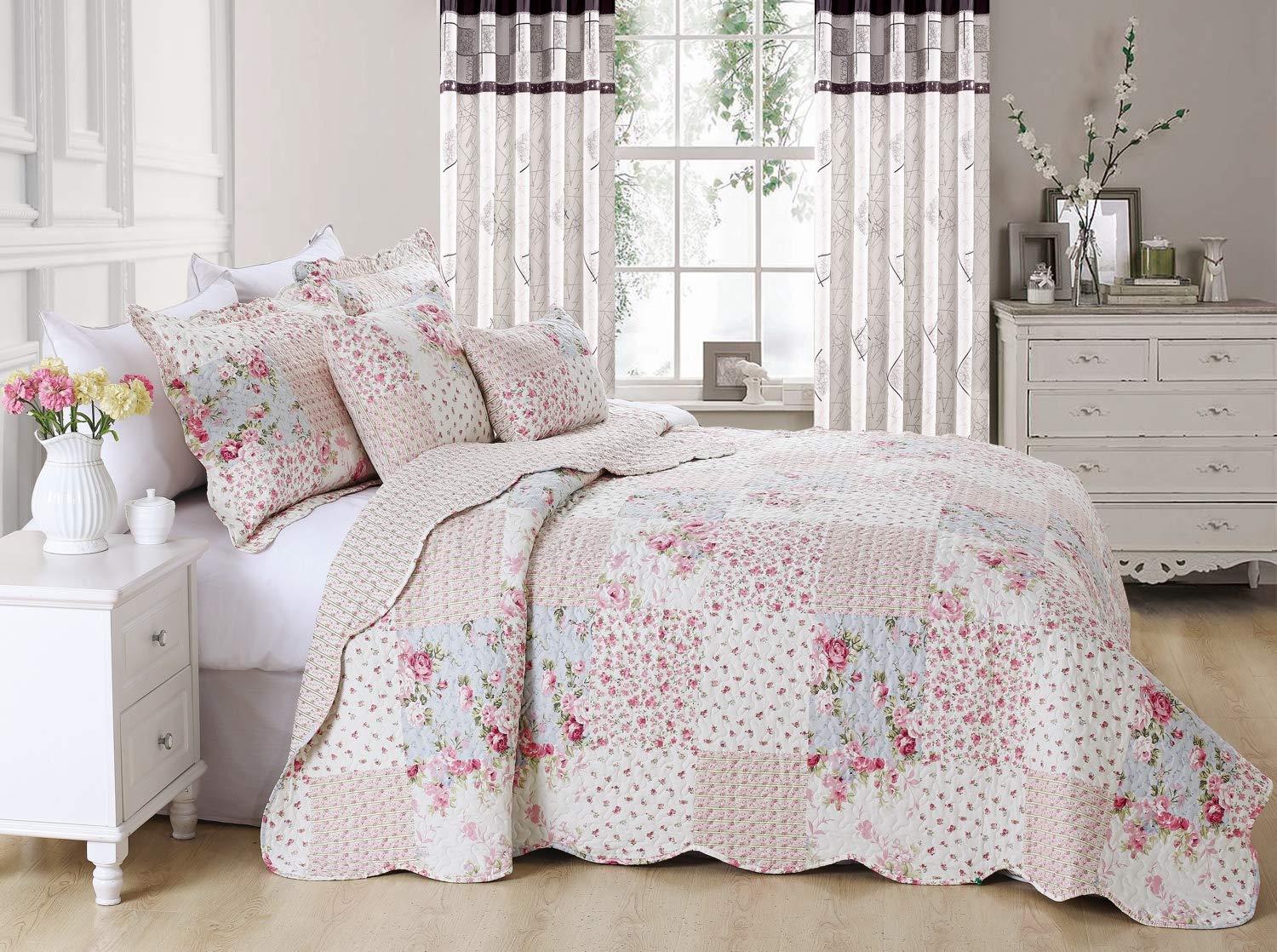 Delindo Lifestyle®, copriletto patchwork con rose, in stile rustico, 220 x 240 cm