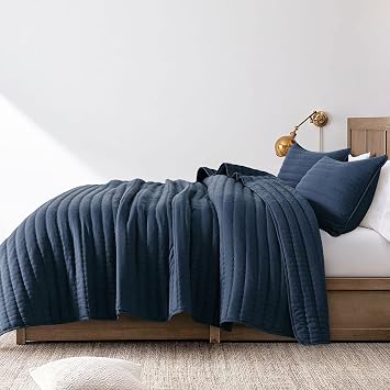 ROARINGWILD Navy Blue Twin Size Quilt Bedding Sets with Pillow Sham, Mustard Lightweight Soft Bedspread Coverlet, Quilted Blanket Thin Comforter Bed Cover for All Season, 2 Pieces, 68x90 inches