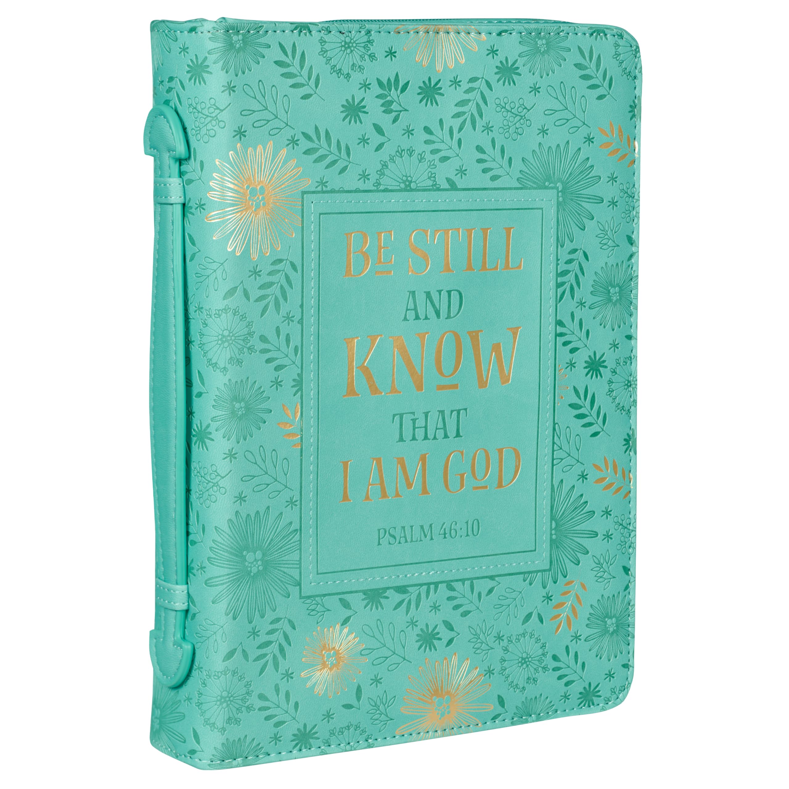 Women's Fashion Bible Cover Be Still and Know Psalm 46:10, Turquoise/Gold Floral Faux Leather, Large