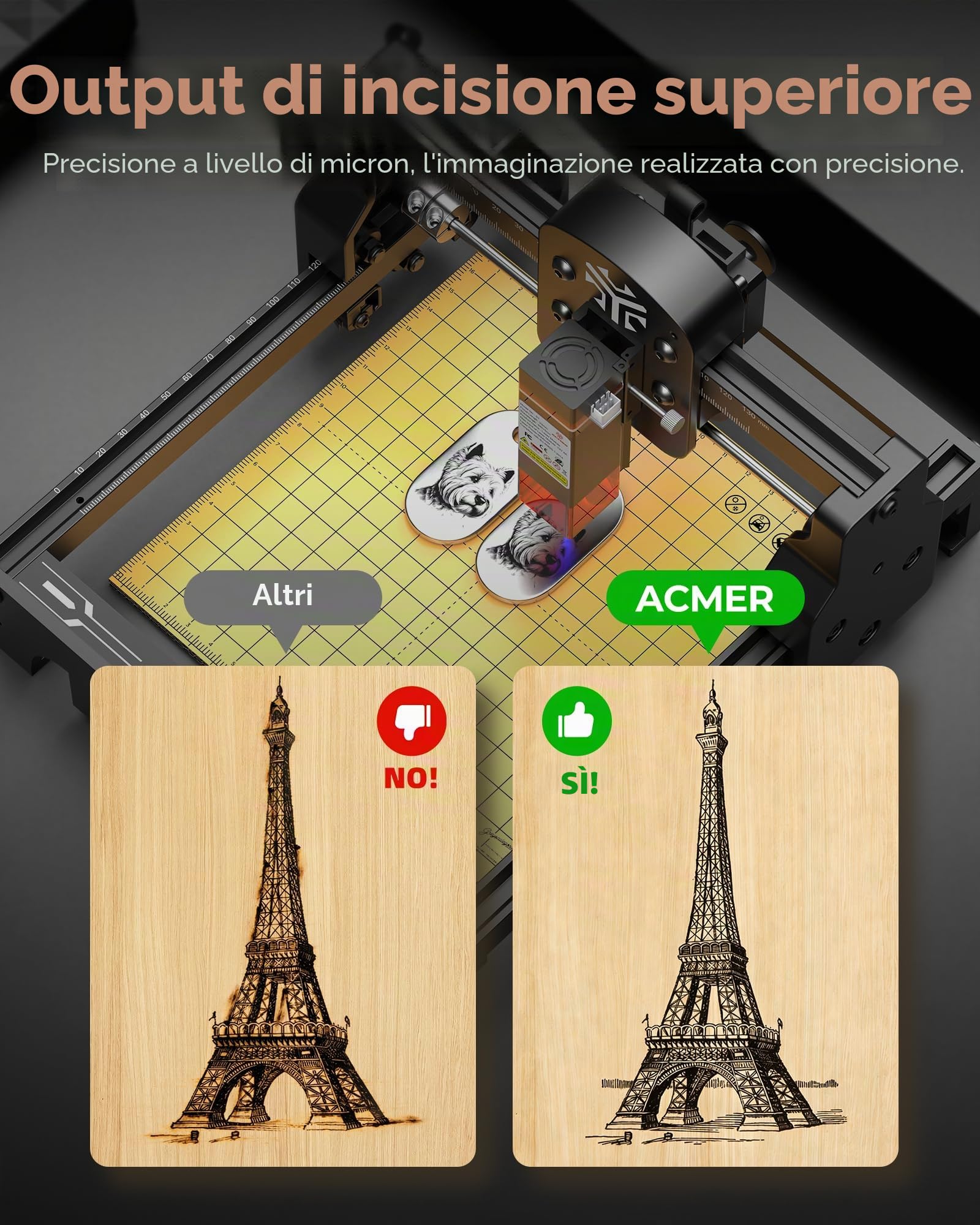 ACMER T1 - Macchina per incisione laser da 6 W, mini taglierina laser portatile, 0,01 mm, incisione laser ad alta precisione, area di lavoro 130 x 130 mm, incisione per legno, pelle, vetro, metallo e