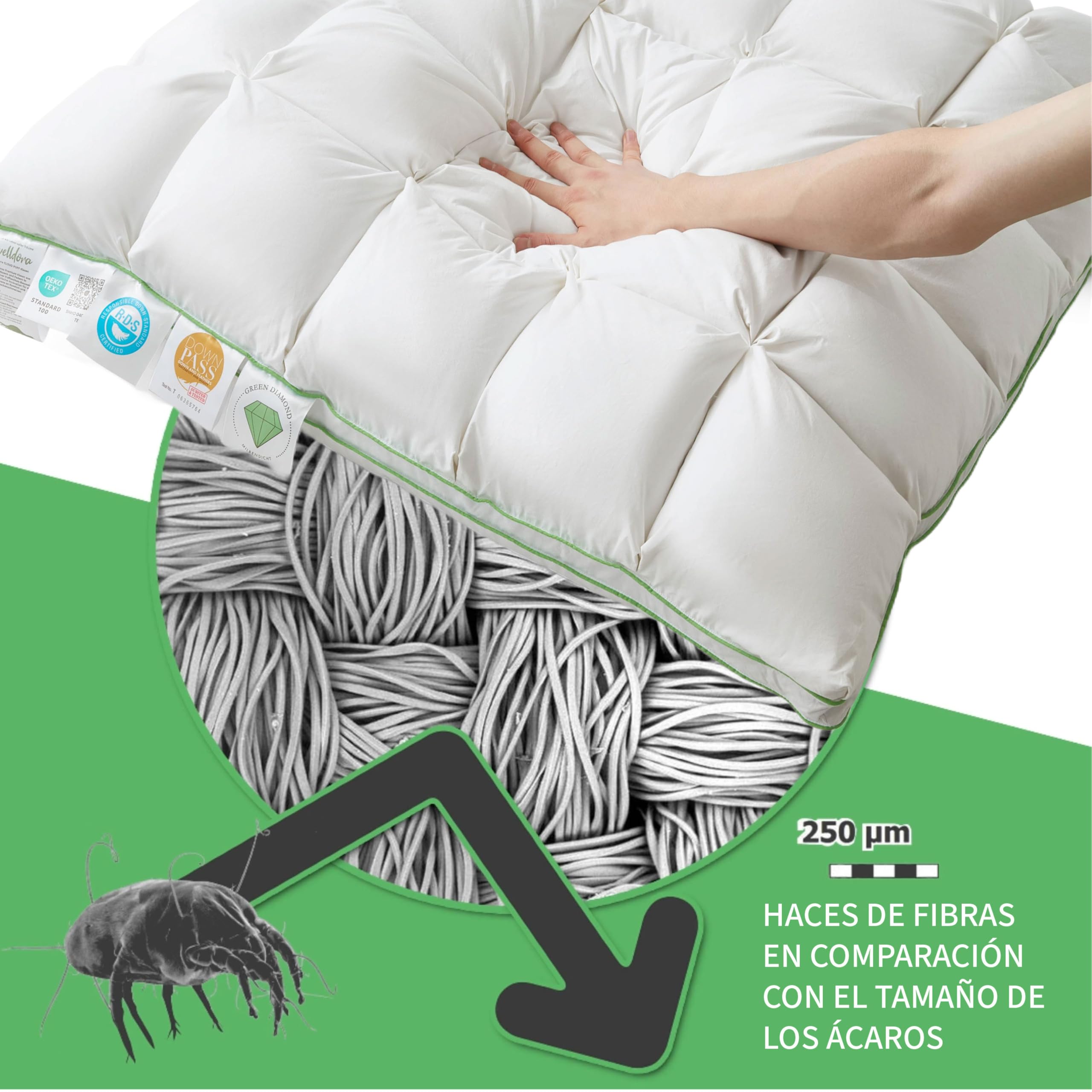 Welldora Almohada Premium 50x70 cm, 100% Fibras de plumón y Plumas, Media | Diseño de nubes para máximo confort | De lado y boca arriba | Oeko-Tex | Dermatest “Muy bueno” | Prestigiosa marca suiza