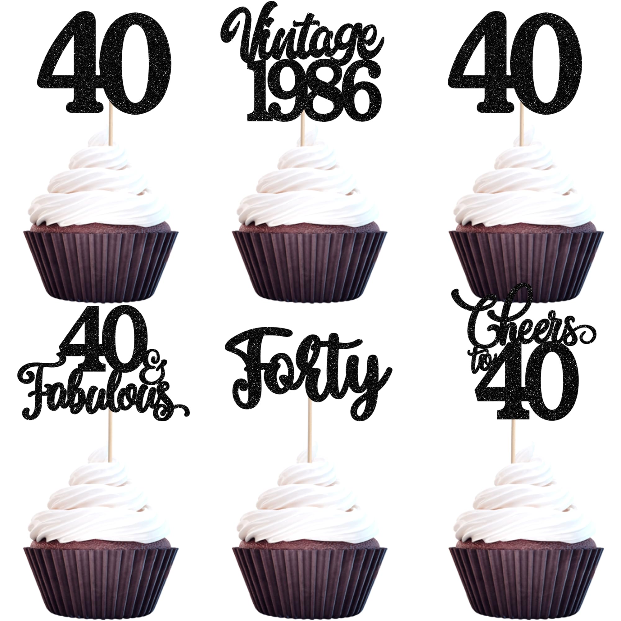 30 Pack Happy 40th Birthday Cupcake Toppers Glitter Hello 40 Forty Vintage 1986 Cupcake Picks Cheers to 40 Party Decorations for 40th Birthday Anniversary Party Cake Black โ image 1
