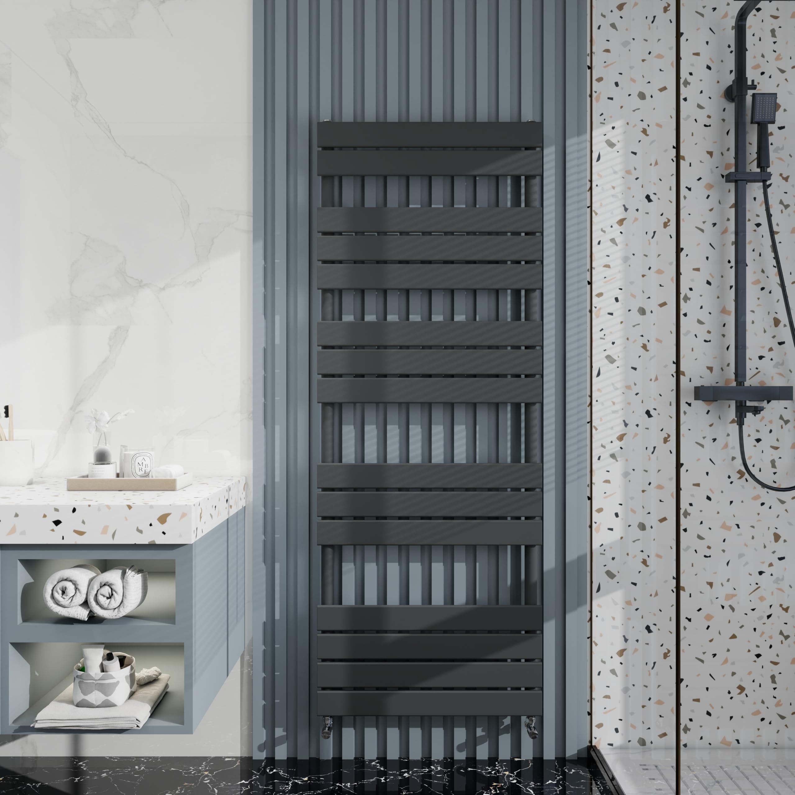 Heated Towel Rail Radiator: Wall Mounted Bathroom Heater with Central Heating, Modern Flat Ladder Panel 1600×600mm Anthracite