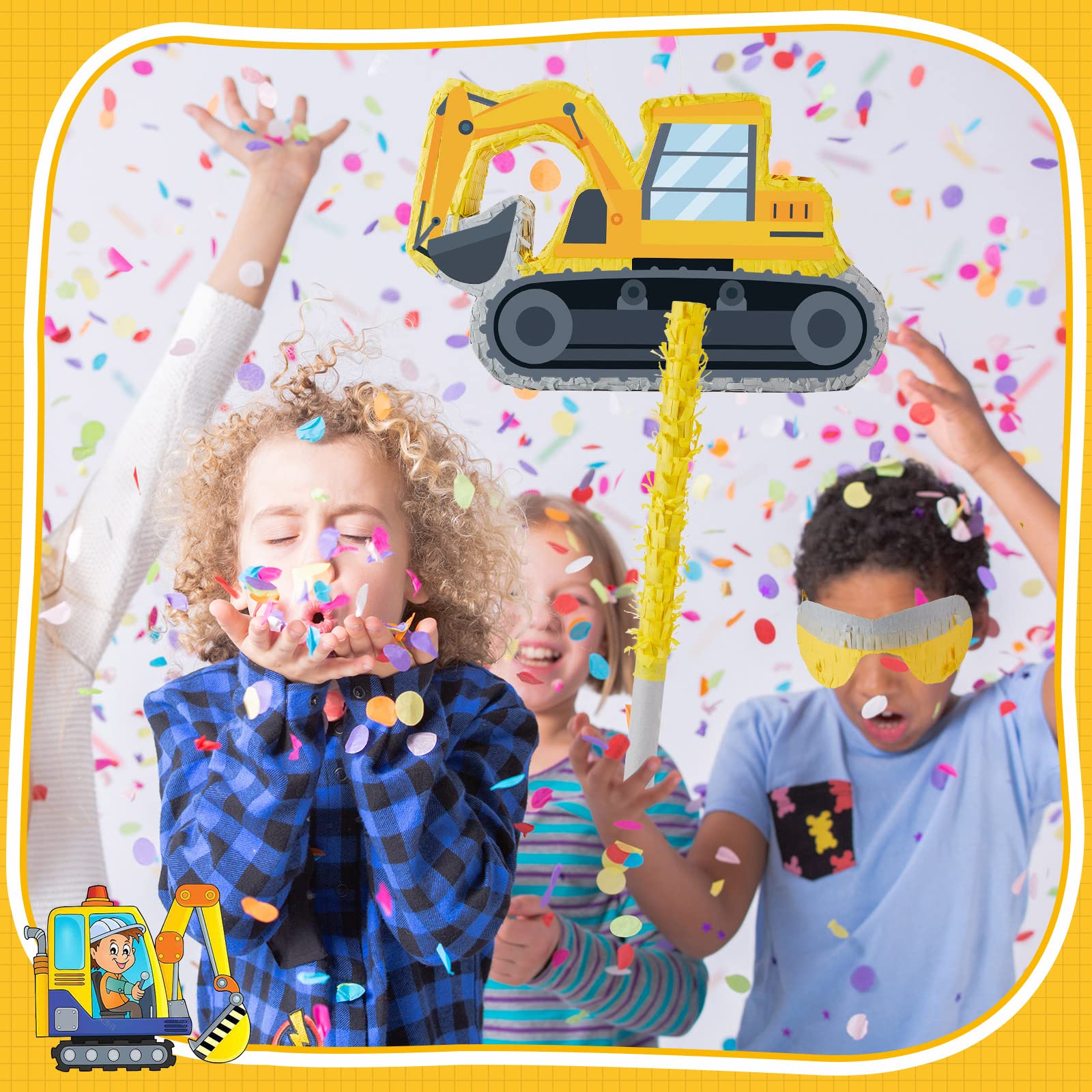 Koparka Pinata mała pinata budowlana z pinatą nietoperzem z opaską na oczy konfetti, materiały budowlane na przyjęcie urodzinowe dla dzieci budowlane upominki dekoracje, 41 x 27 x 7,6 cm