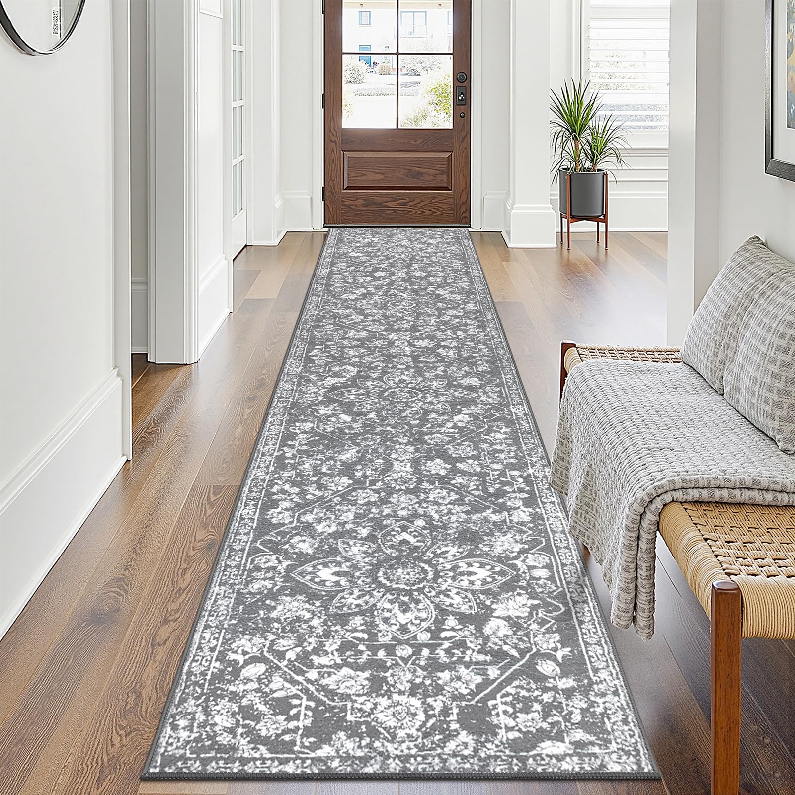 Tapis de couloir vintage gris 0.6x3m Pauwer lavable