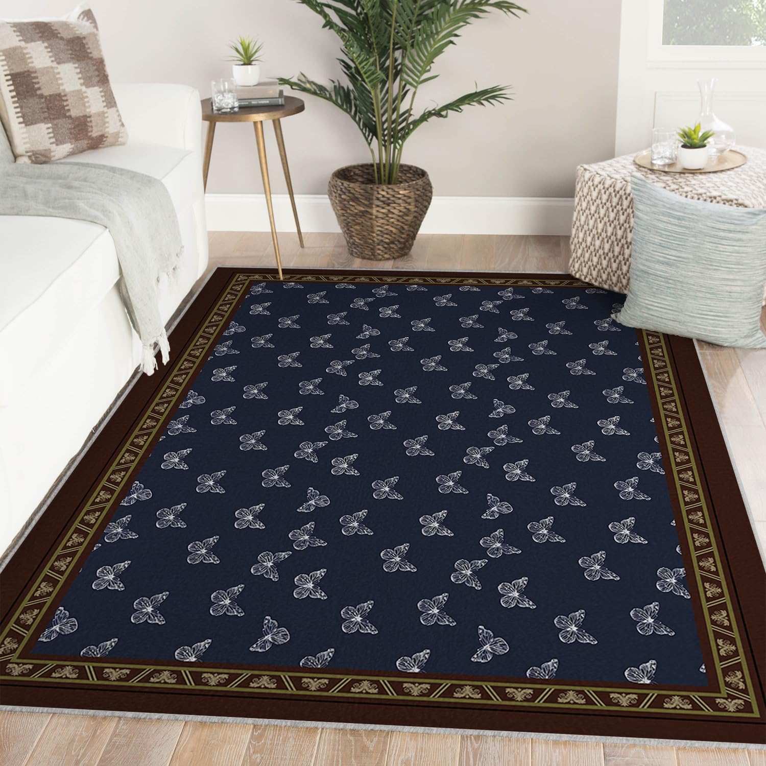 Tapis de salon bleu foncé 160x230cm à motif papillon et poils bas