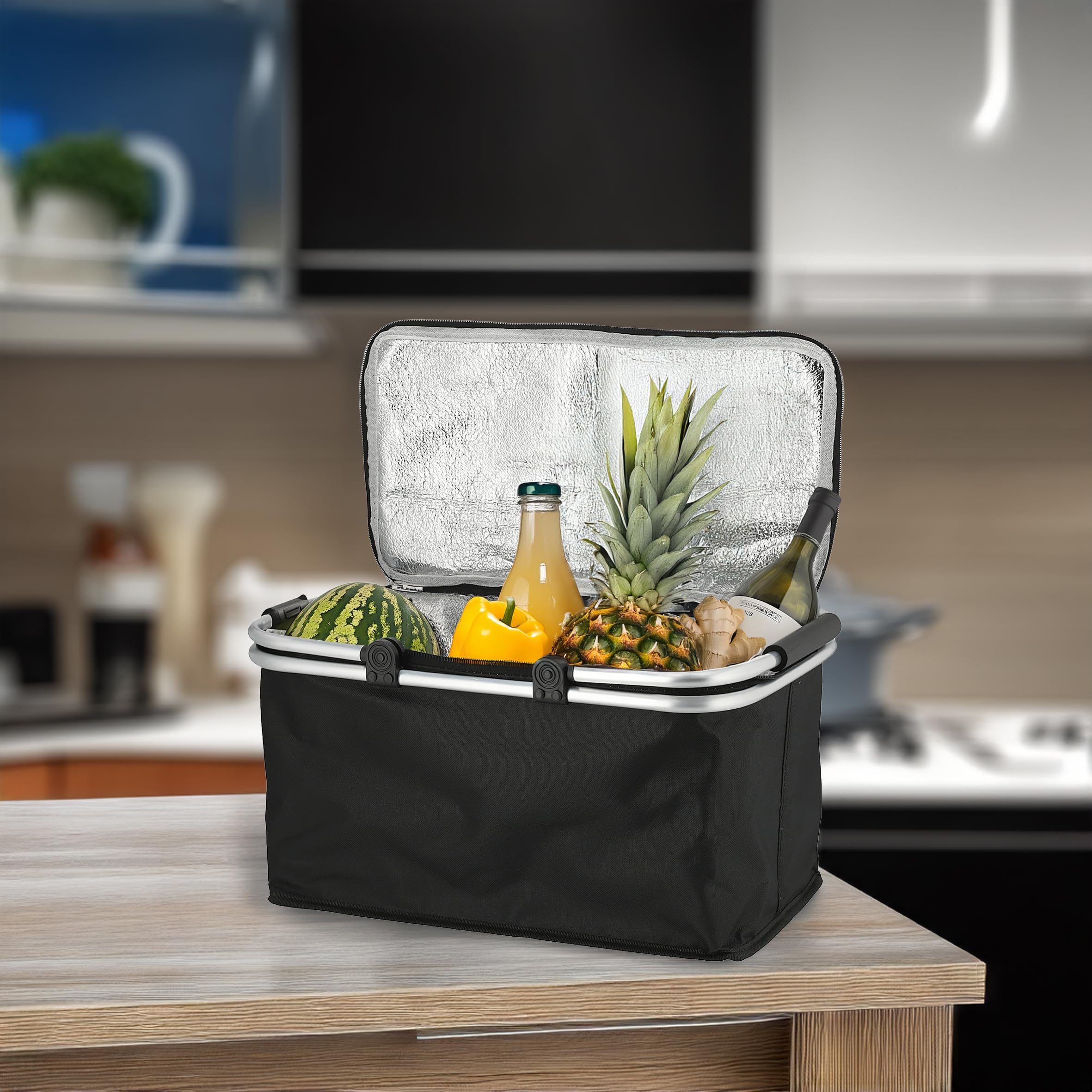 Panier à Provisions Isotherme 30L Noir - Sac Courses Thermique Pliable 48x28x24cm Avec Poignées