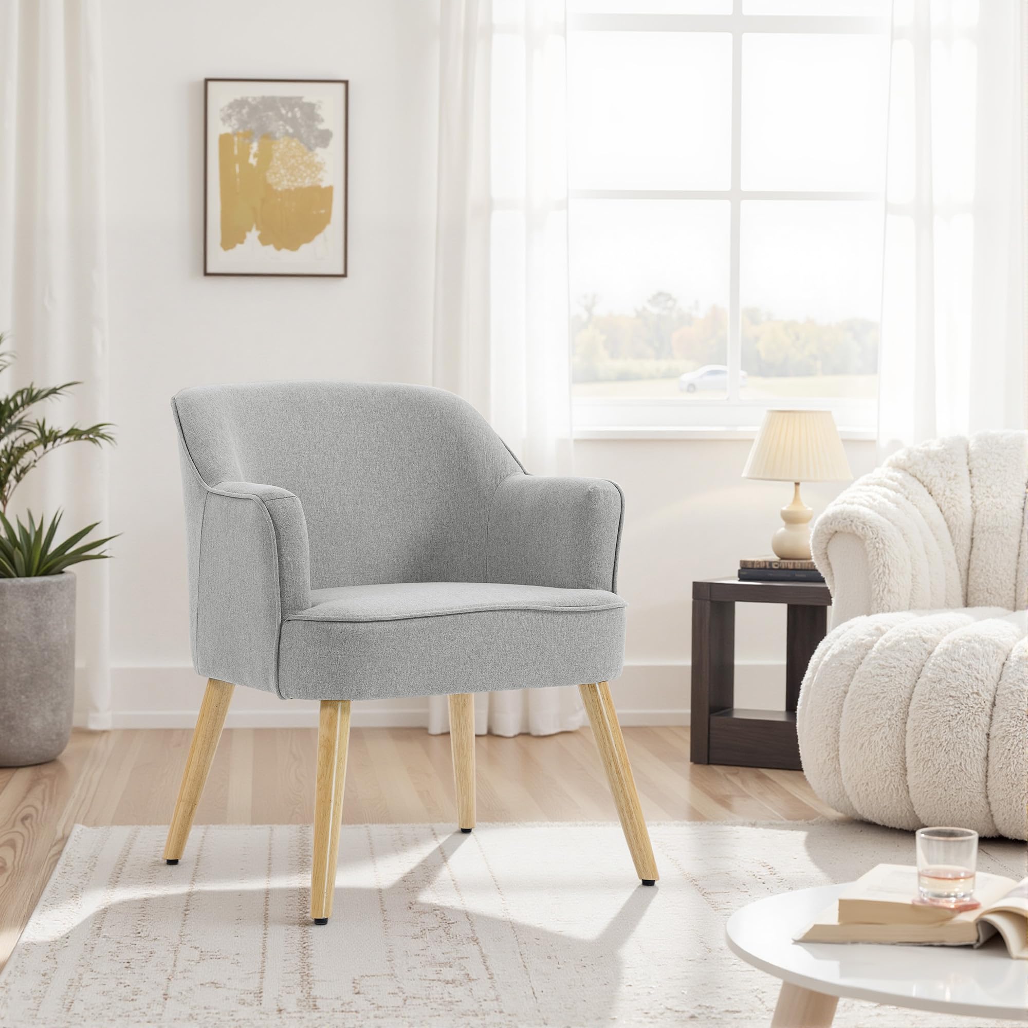 HOMCOM Butaca de Salón Moderna en Lino con Patas de Madera 120kg Gris Claro | Sillón Lectura Tapizado, Reposabrazos Acolchado Grueso, Almohadillas Ajustables, para Dormitorio Oficina Estudio