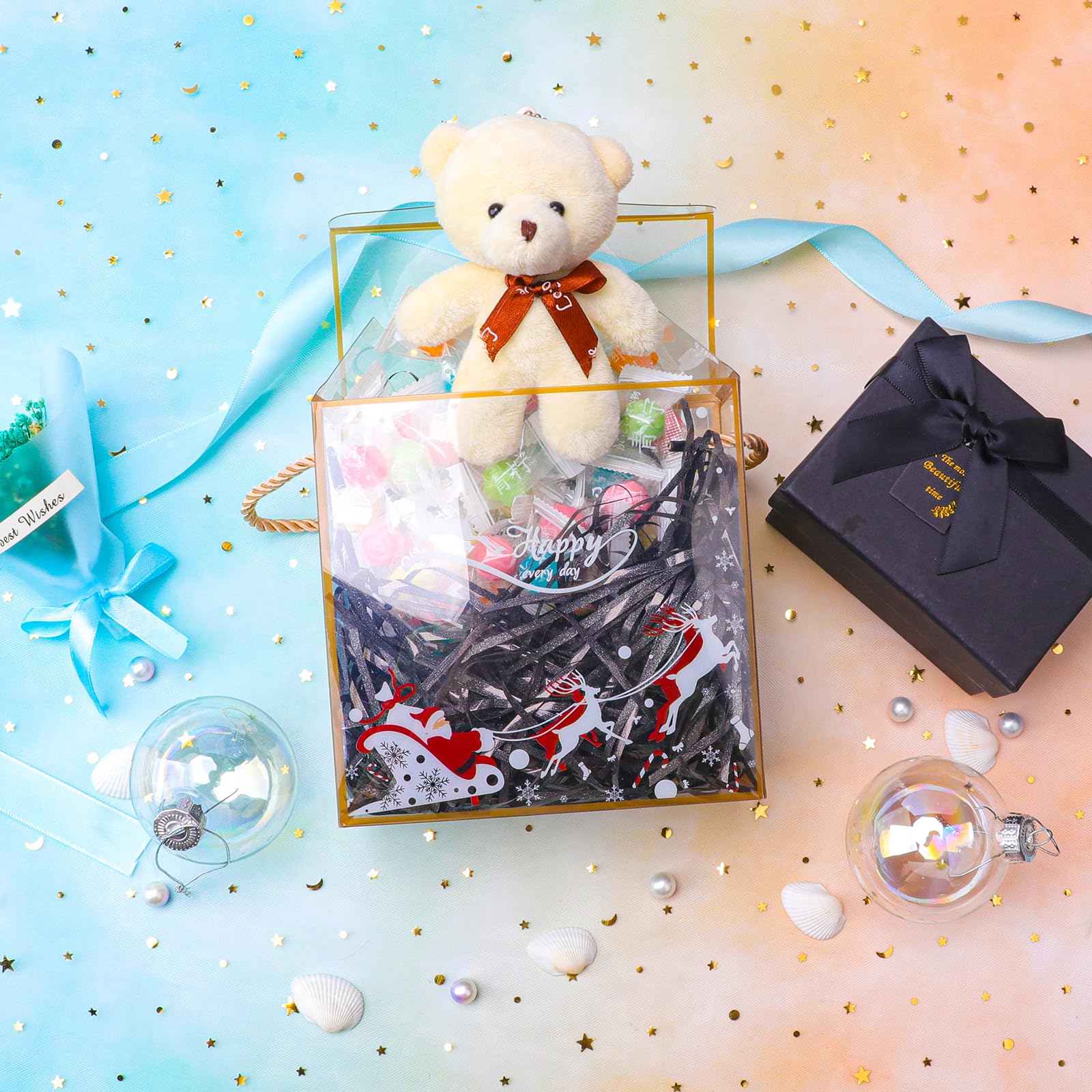 Verpackungsmaterial Füllmaterial Geschenkbox, 100G Glänzend Geschreddertes Papier Paket Weihnachten Geschenkkorb Füllpapier, DIY Papierschnipsel Ostergras Karton Geschenkfüll Material Raffia (Schwarz)