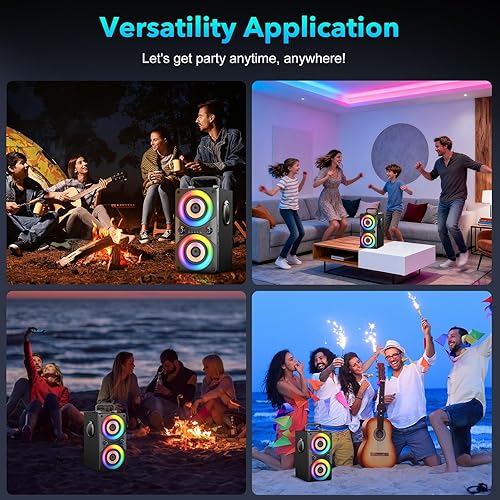 Miniatura 8 de Altavoz Bluetooth portátil con luces LED RGB, controladores duales, negro, altavoz inalámbrico para fiestas con mango (negro)