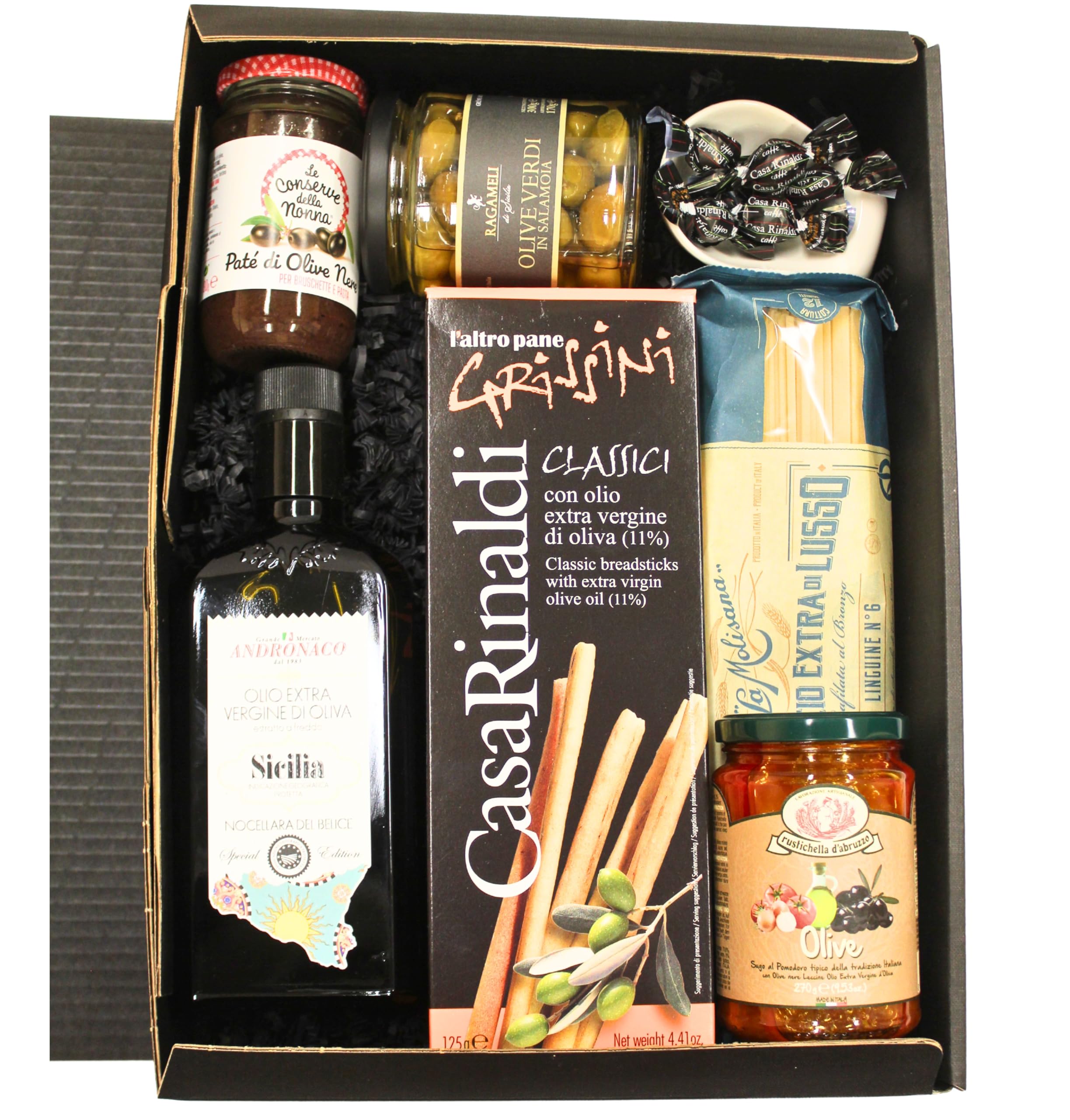 Geschenkset rund um die Olive – Italienisches Delikatessen-Paket: Paté, grüne Oliven, Sugo, Grissini, Pasta & natives Olivenöl Extra V – Mediterraner Genuss für Feinschmecker