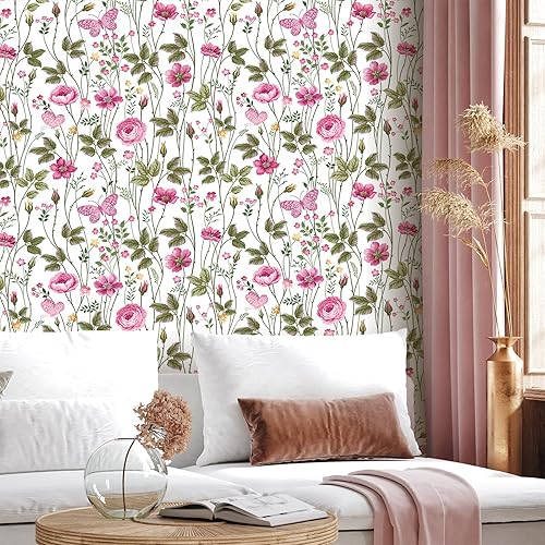Miniatura 5 de CRE8TIVE Papel tapiz floral rosa, 24 x 118 pulgadas, papel tapiz autoadhesivo y extraíble para habitación de niñas, baño y aparadores