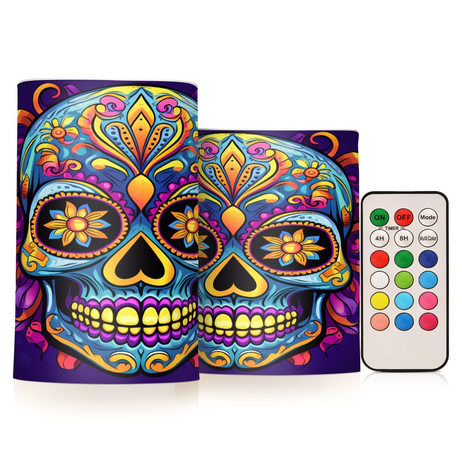 Mnsruu Flickering Flameless Candles Sugar Skull Floral LED Candles with Remote Timer Set of 2 Battery Operated Candle Home Decoration
