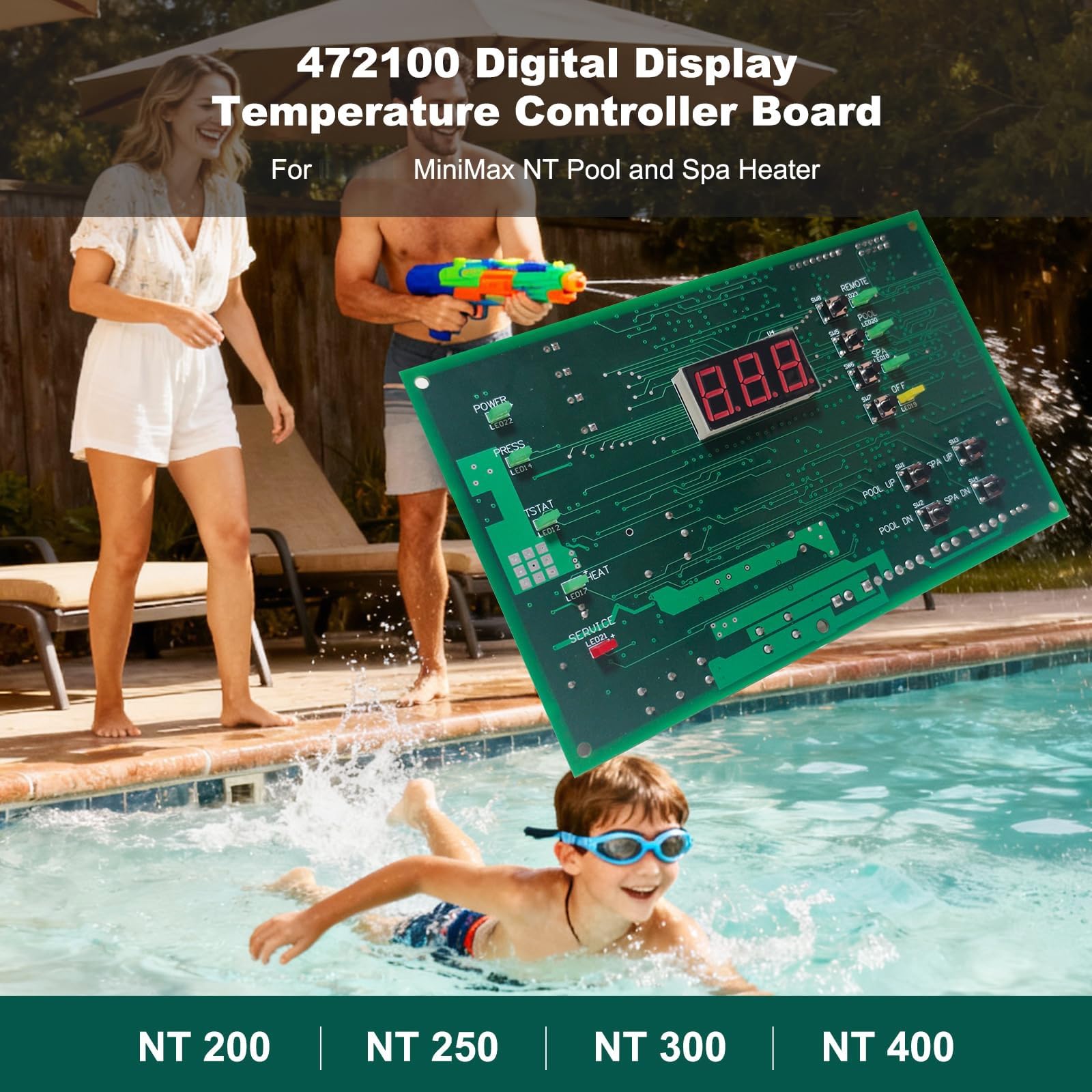 472100 Placa de control de temperatura digital, pantalla digital, placa termostática para sistemas de calefacción de piscina y spa, control de calefacción de piscina