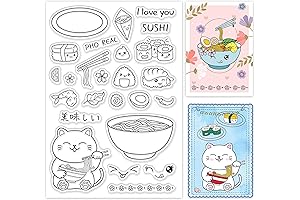 GLOBLELAND 1Sheet Lucky Cat and Japanese Food Clear Stamp Ramen and Sushi...