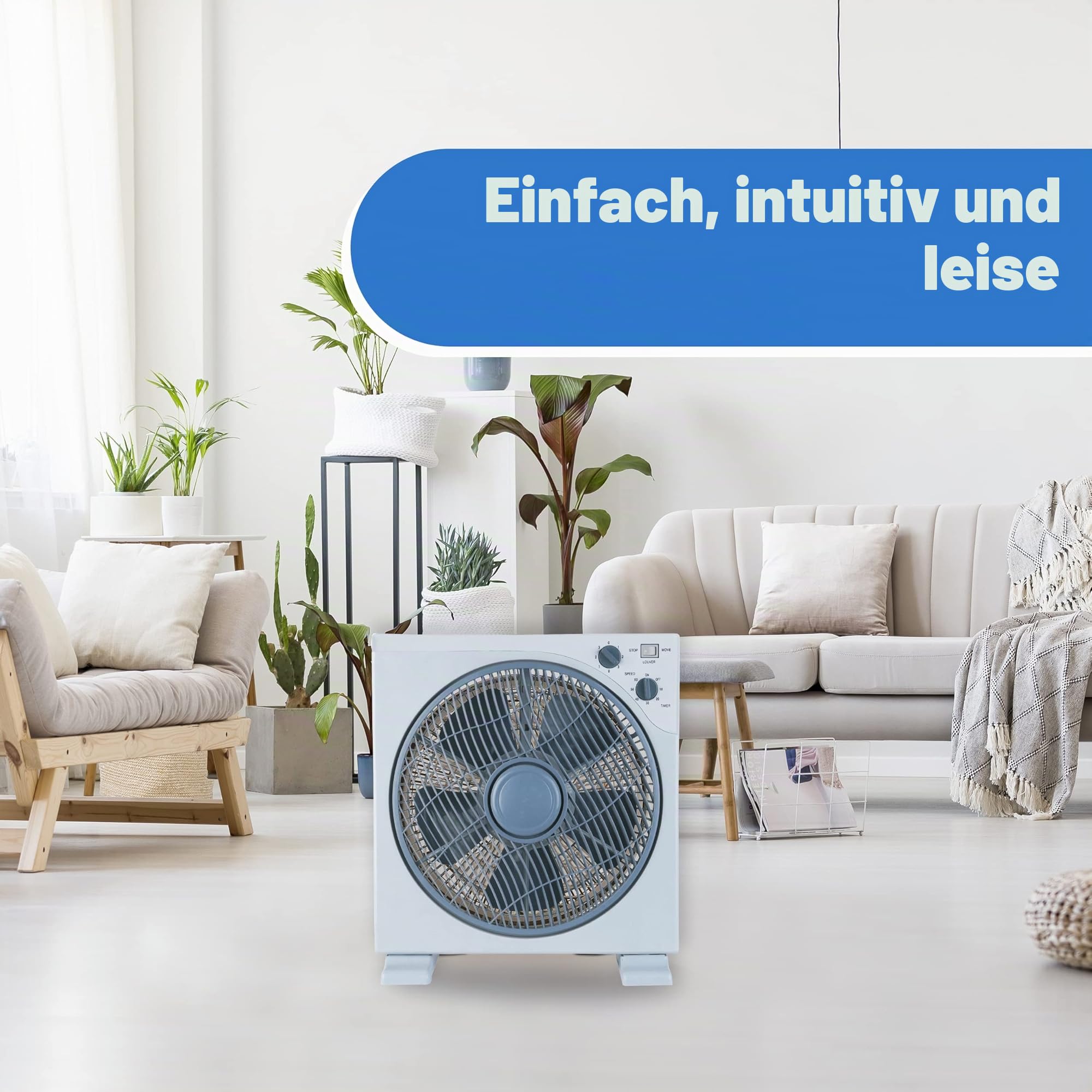ARDES - Tragbarer quadratischer Tisch- oder Bodenventilator mit 5 Flügeln und 3 Intensitätsstufen, 360-Grad-Drehung und Timer, Bodenventilator, weiß, Box Floor AR5B29