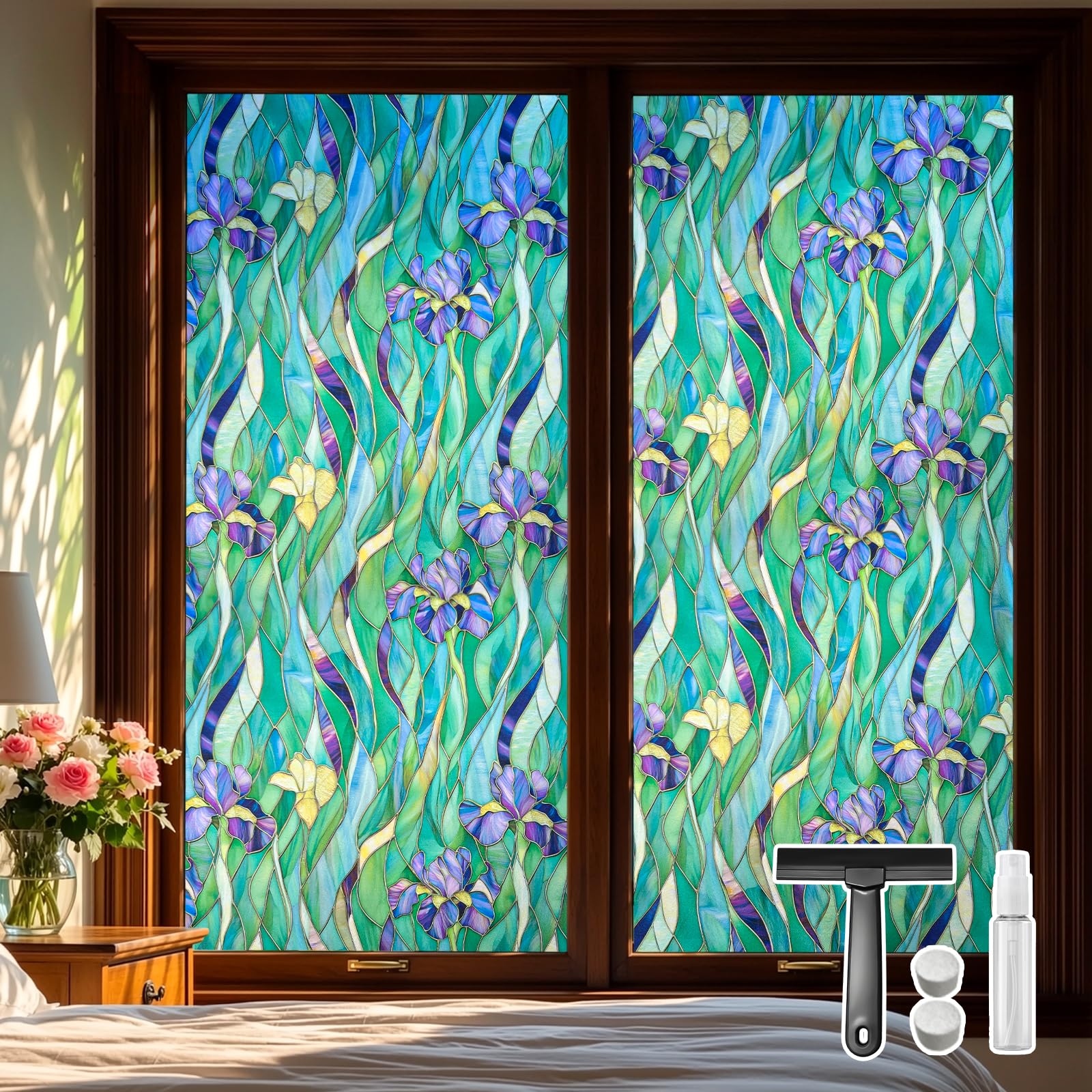 Qualsen Window Film Privacy Stained Glass Window Film Green Leaf Floral Frosted Pattern Privacy Films for Glass Windows Non Adhesive Anti UV Static Cling, for Home Bedroom Bathroom (60 x 200 cm) — image 1