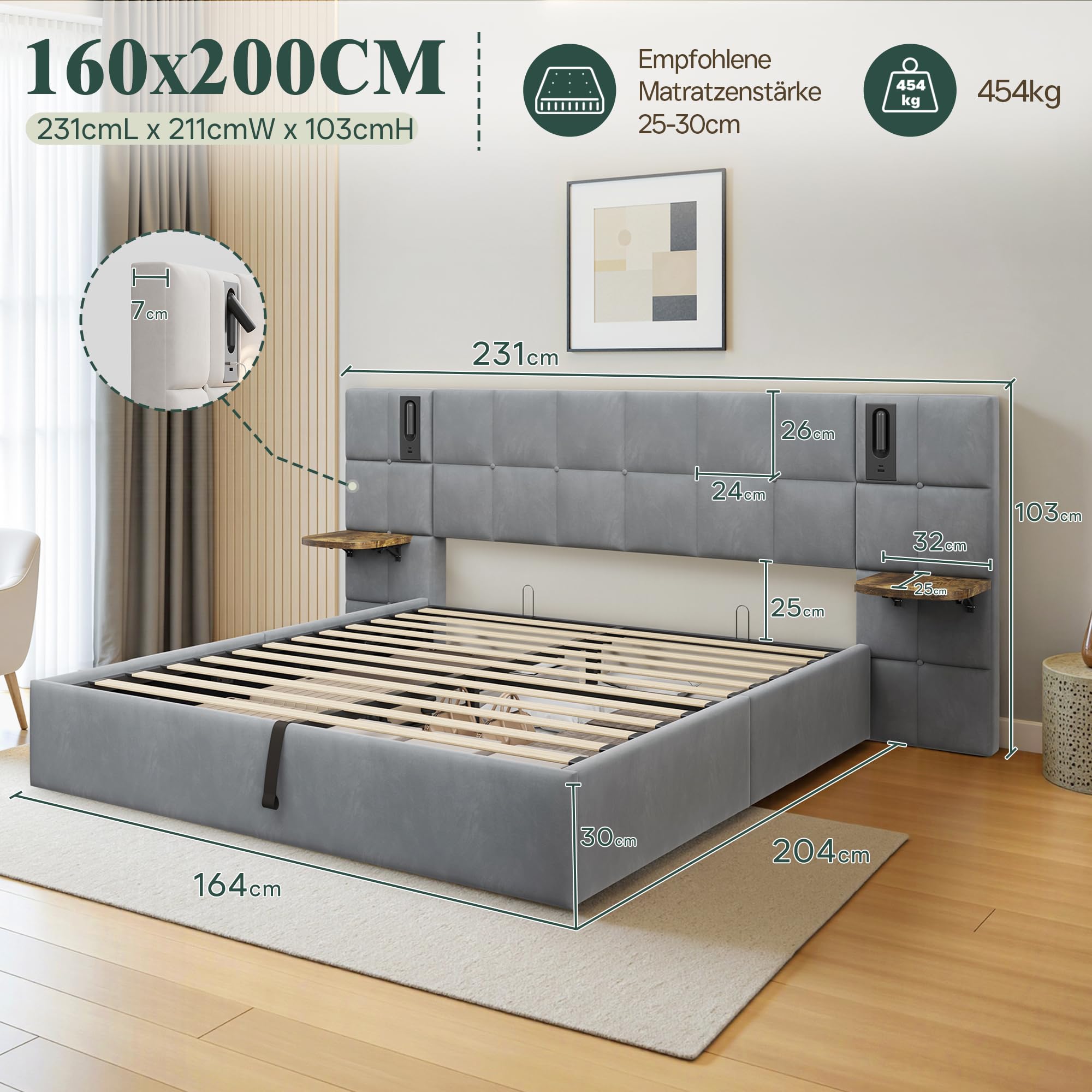 LUXOAK Polsterbett mit Stauraum, Gasdruckfeder, Grau | Bettkasten mit Gasfedern | Leselampen, USB-A/C + Klappablage | stabiler Rahmen bis 454kg Tragkraft