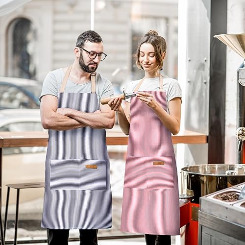 Miniatura 5 de Paquete de 2 delantales ajustables con 2 bolsillos para cocinar, cocina, restaurante, delantales para mujeres y hombres