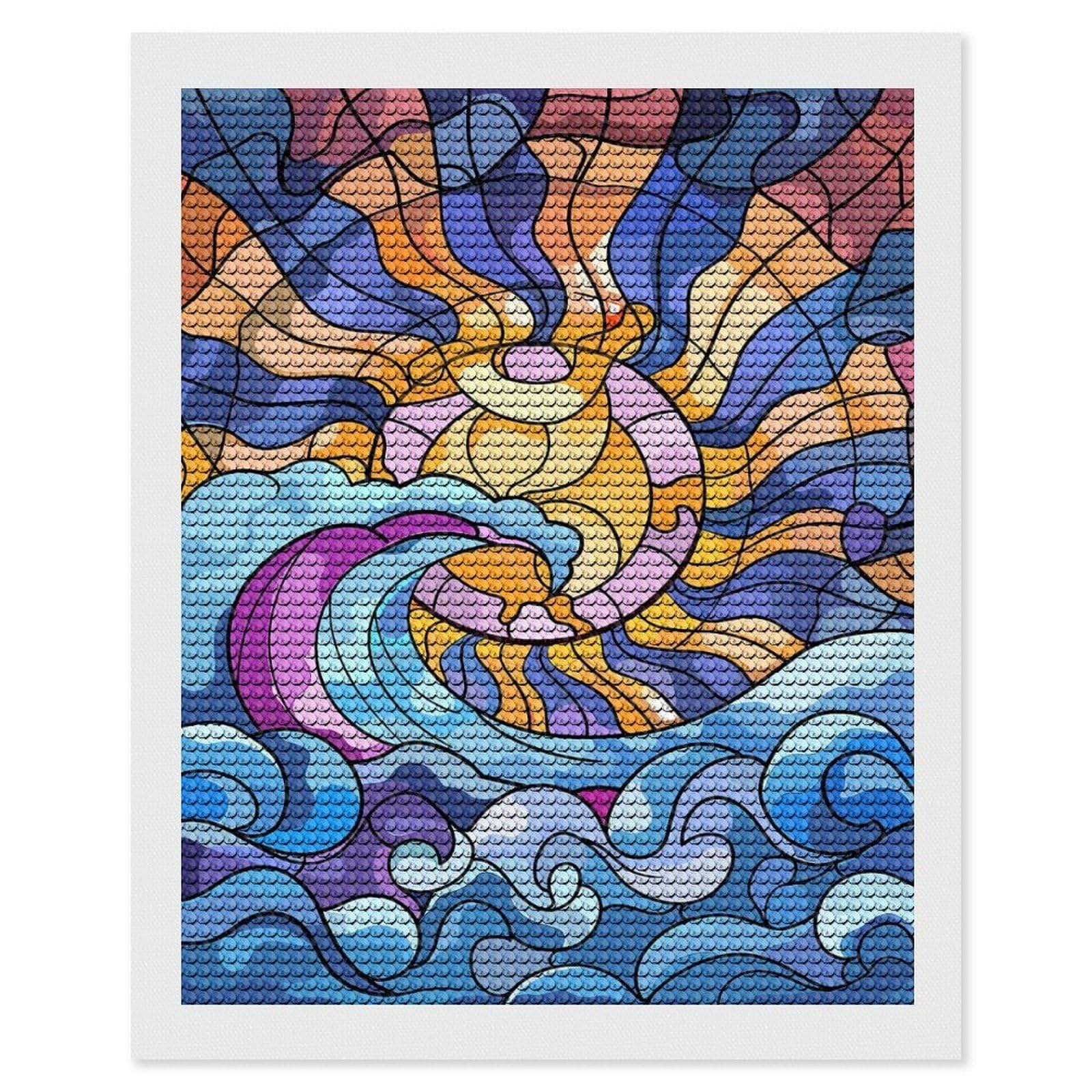 Junmoney Stained Glass Sun and Waves Diamond Painting Canvas Set 16"x20", for Adults, Sparkling Round Gems, Thoughtful Handmade Gift, Modern Decor